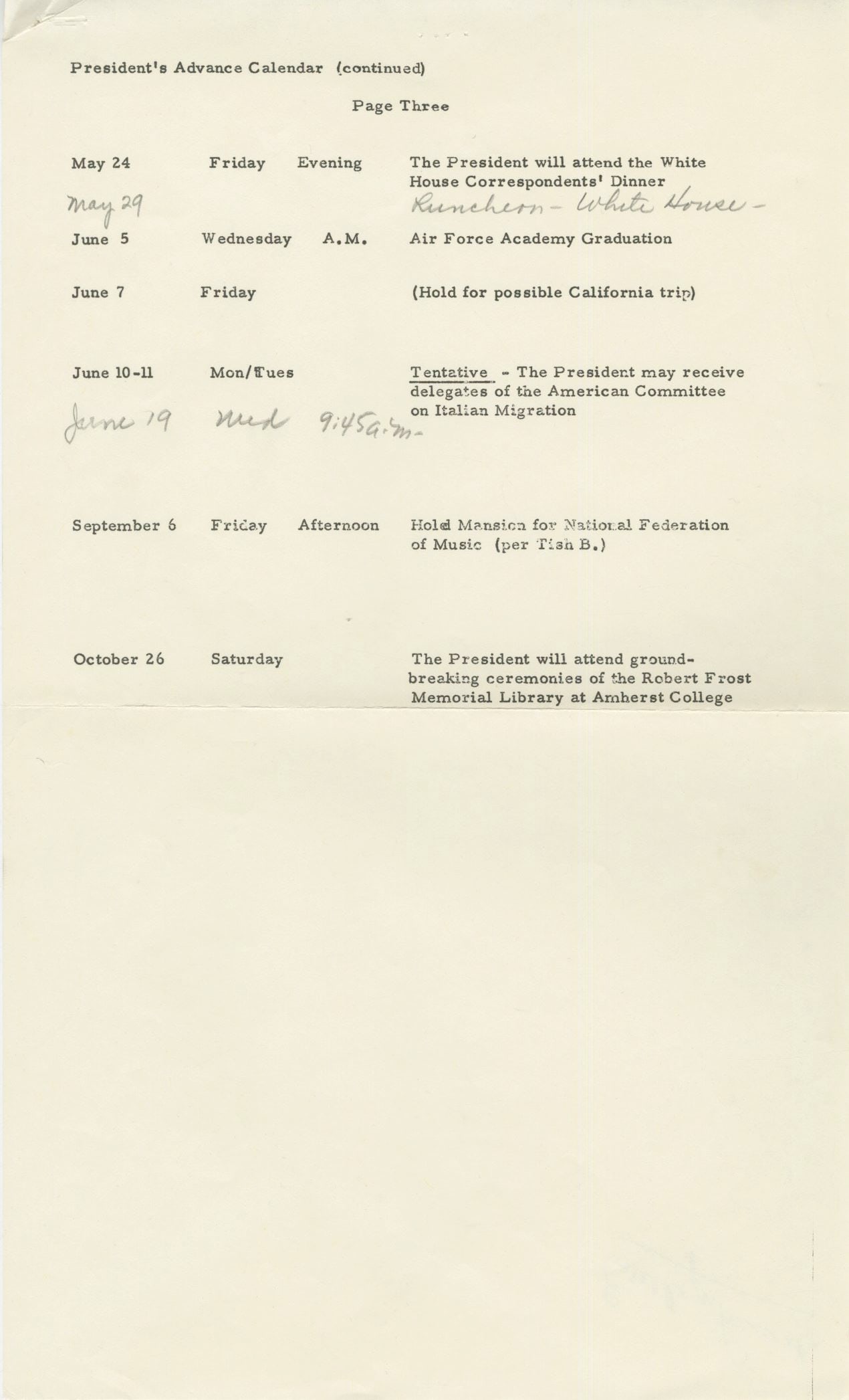 John F. Kennedy – 1963 Typed Itinerary w/ Handwritten Notes by Evelyn Lincoln – White Ho (1 of 2)