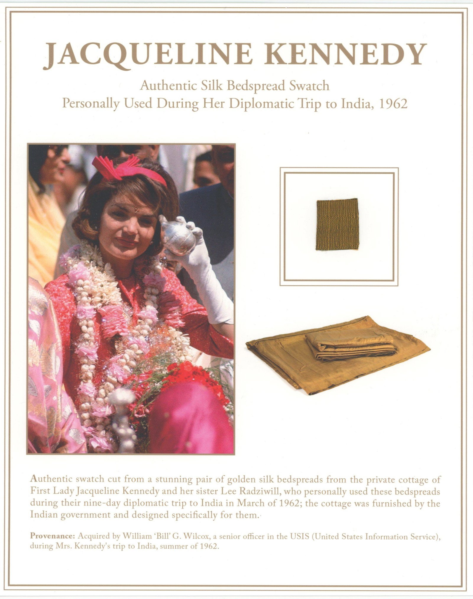 Jacqueline Kennedy – Silk Bedspread Swatch from 1962 India Diplomatic Trip – Display w/  (1 of 4)