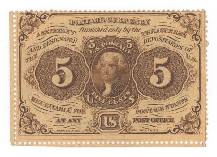 1862 5¢ Jefferson Note – United States Postage Currency – First Issue, Perforated E (1 of 2)