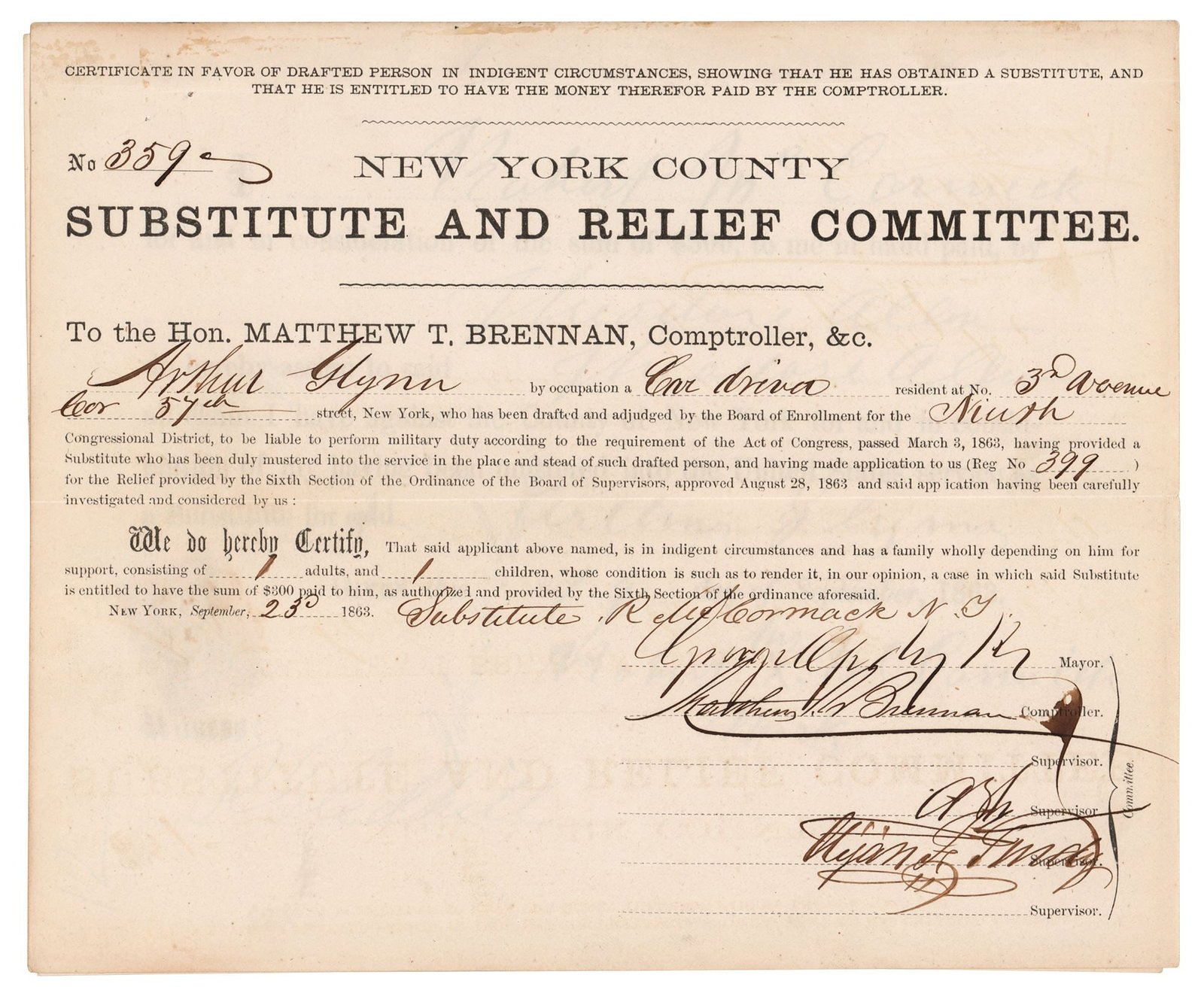 New York Draft Substitute and Relief Document (1863) - Possible Theodore Allen Fraud Example: Details: Civil War-dated partly-printed document, three pages, 8.5 x 7, September 23, 1863. Document issued by the "New York County Substitute and Relief Committee," being a "Certificate in favor of D