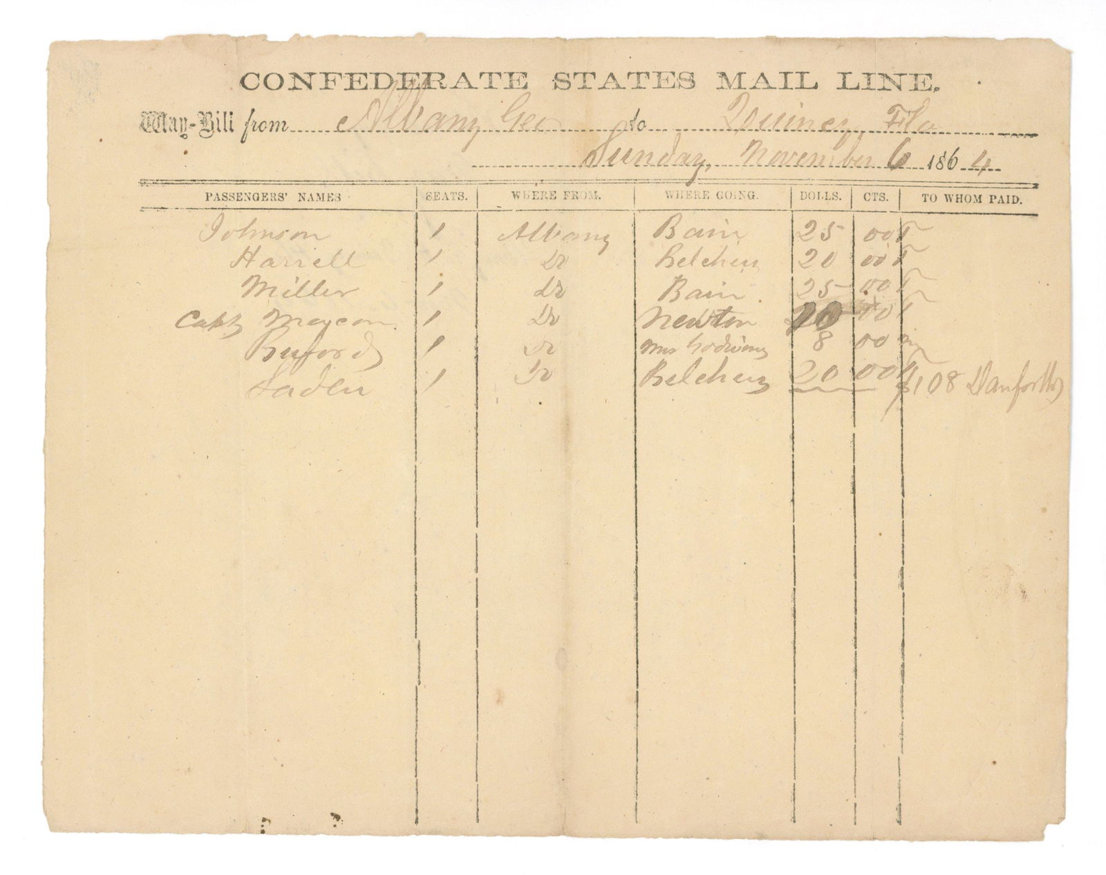 Confederate States Mail Line – Albany to Quincy Waybill – November 6, 1864 Civil War-Era (1 of 2)