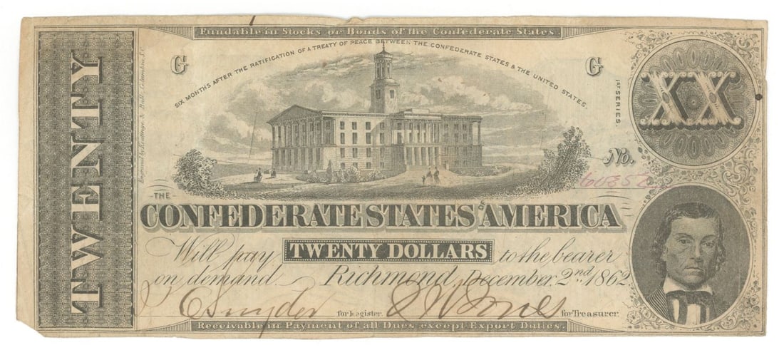 1863 Confederate States $20 Civil War Obsolete Banknote Currency, Richmond, Virginia (1 of 2)
