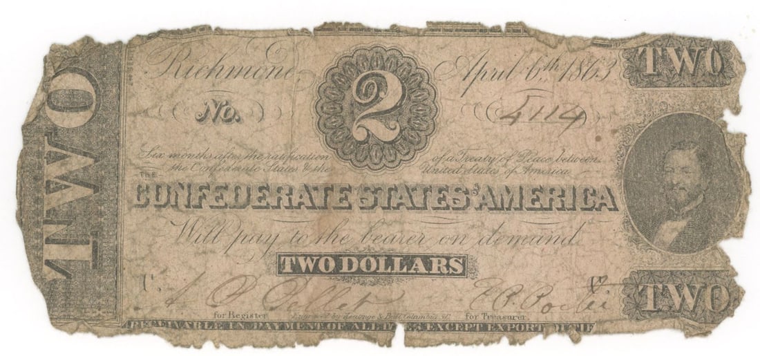 1863 Confederate States $2 Civil War Obsolete Banknote Currency, Richmond, Virginia (1 of 2)