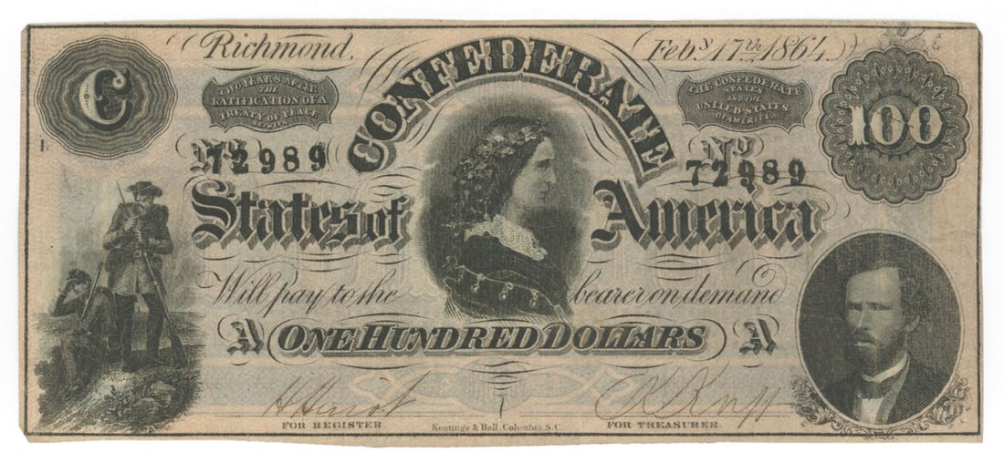 1864 Confederate States $100 Civil War Obsolete Banknote Currency, Richmond, Virginia (1 of 2)