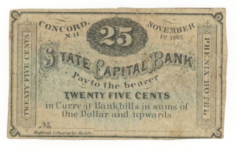1862 Concord, New Hampshire 25 Cents Obsolete Banknote – State Capital Bank – Phoenix Ho: Details: Original 1862 Concord, New Hampshire obsolete banknote issued by the State Capital Bank, denominated at 25 cents. Dated November 1st, 1862, this note is payable in current bank bills for sums