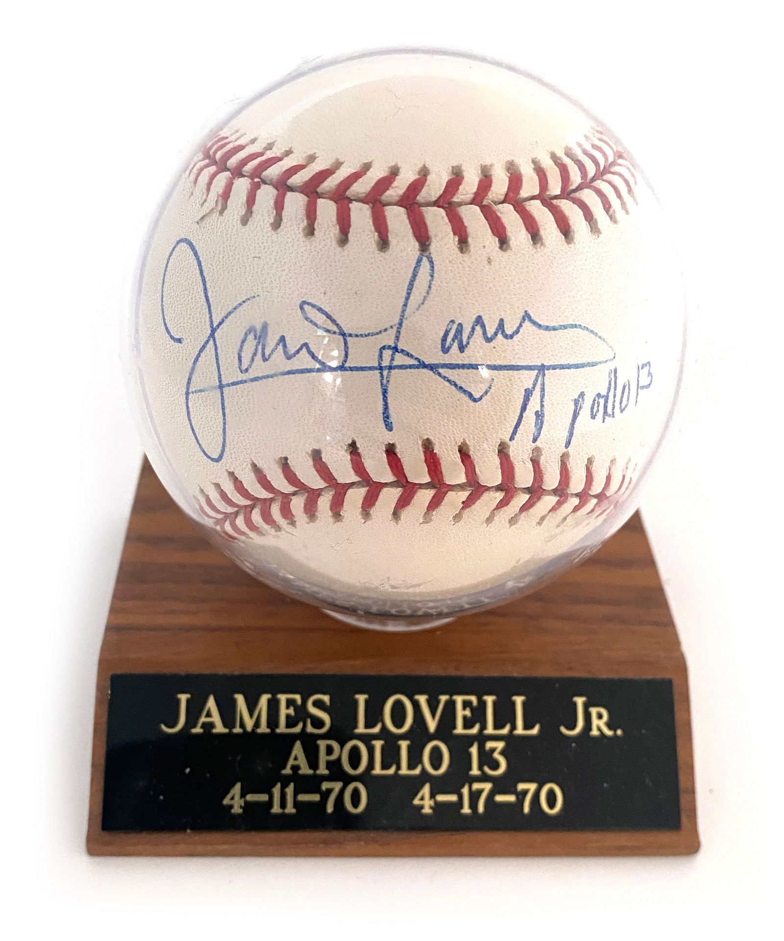 James Lovell – Apollo 13 Commander – Autographed Bud Selig MLB Baseball with Mission Ins: Details: James Lovell – Apollo 13 Commander – Autographed Bud Selig MLB Baseball with Mission Inscription Official Rawlings Bud Selig-era Major League Baseball autographed by James Lovell,