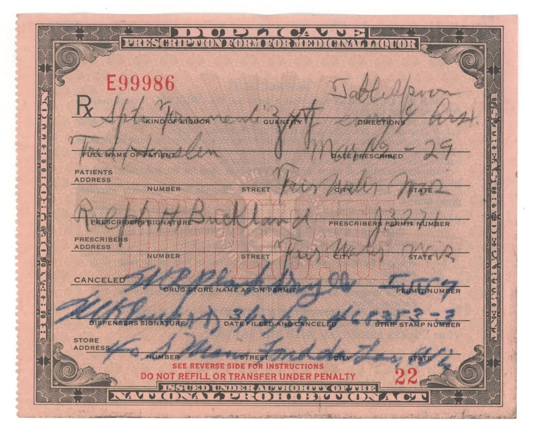 Prohibition-Era Medicinal Liquor Prescription Form – National Prohibition Act (1 of 2)
