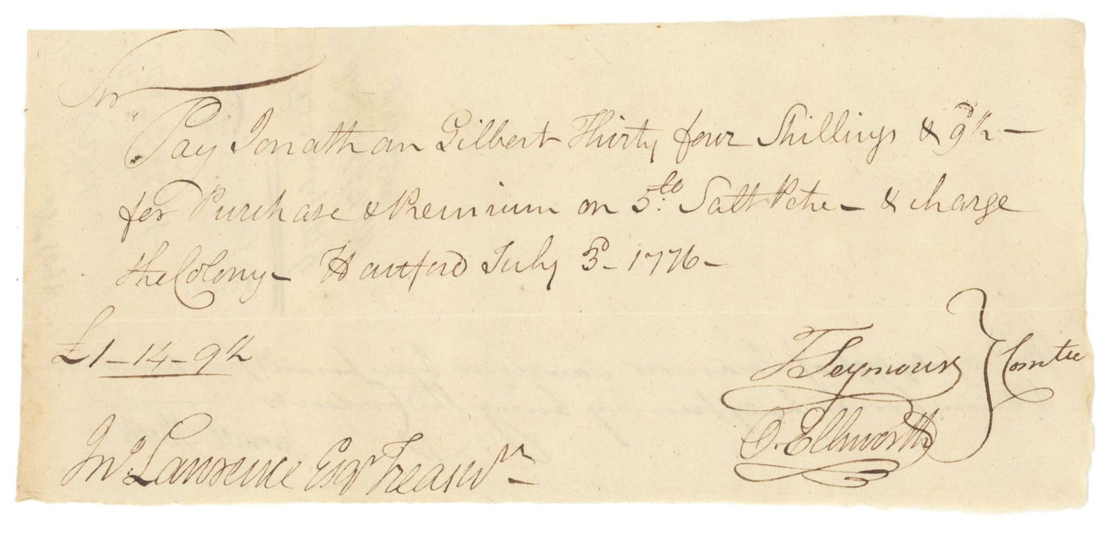 Oliver Ellsworth – On the Eve of American Independence July 3, 1776 – Saltpeter Purchase (1 of 2)