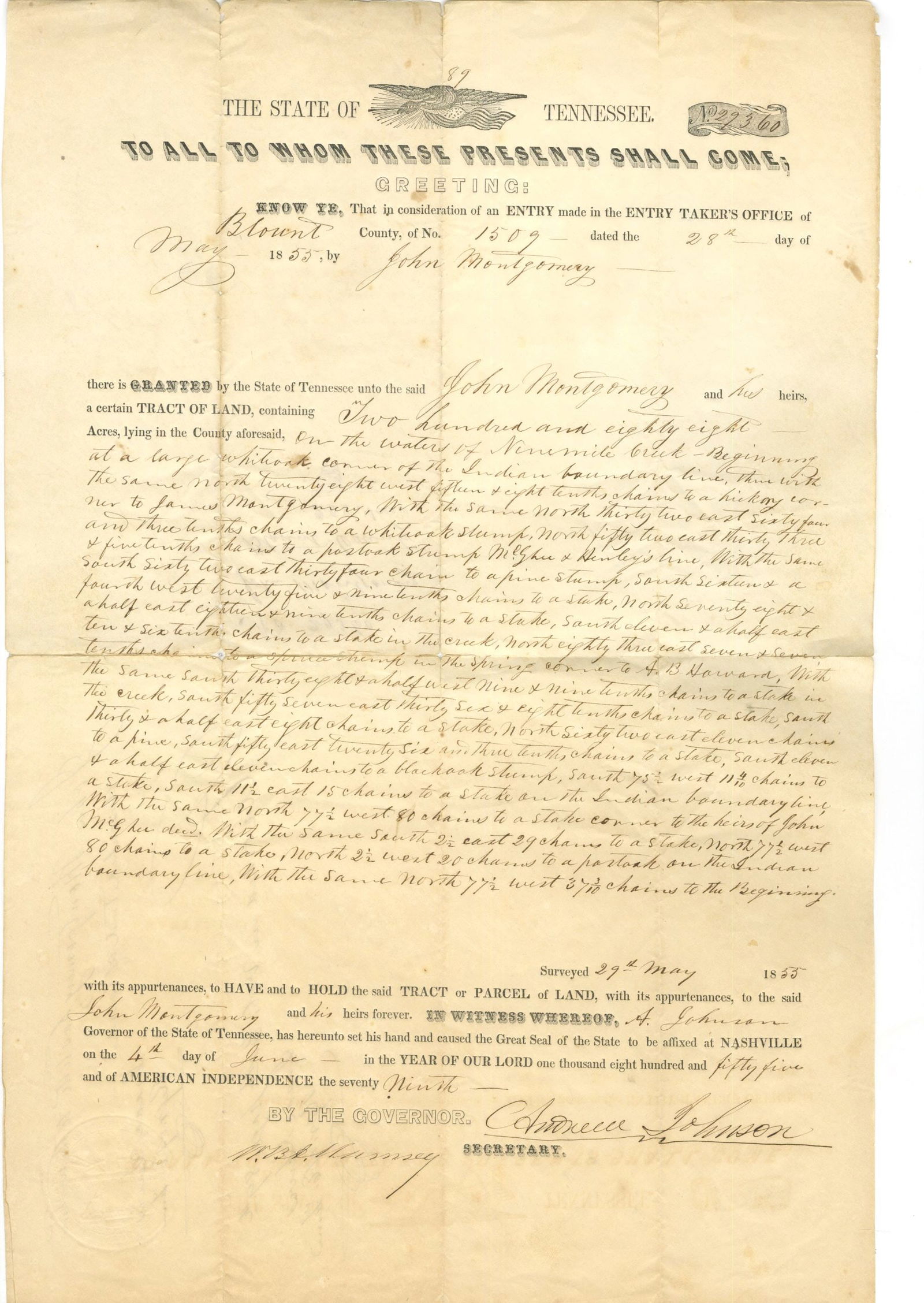 Andrew Johnson–17th President of the United States–Tennessee Land Grant Document Signed  (1 of 3)