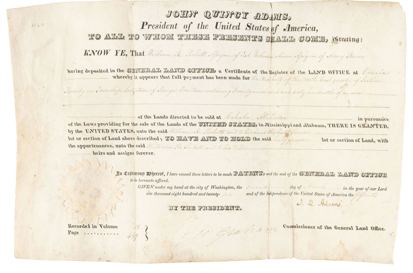 John Quincy Adams – U.S. President – Document Signed – 1826 Land Grant for Alabama (1 of 1)