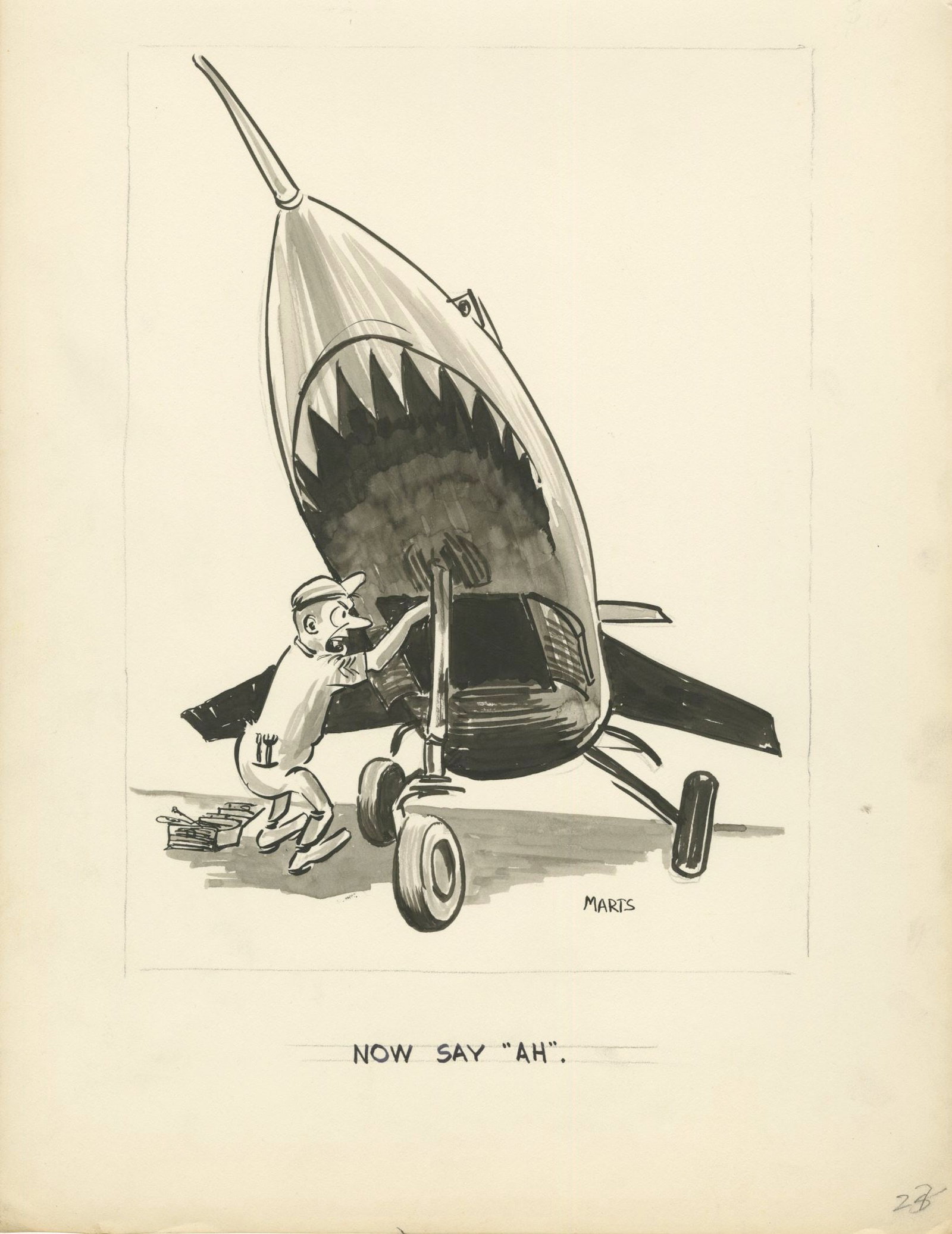 Ken Marts – Cold War Era Military Cartoonist – Original 11 x 14 Illustration – USA: Details: Ken Marts original 11 x 14” pen-and-ink illustration depicting a satirical Cold War–era military aviation scene, featuring a wide-mouthed experimental rocket or aircraft nose cone