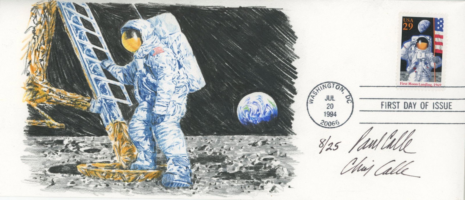 Paul & Chris Calle – Apollo 11 – Dual-Signed & Numbered Original Art FDC – 25th An: Details: Paul Calle and Chris Calle original hand-drawn color pencil artwork on a #10 size First Day Cover depicting Neil Armstrong’s historic first step onto the lunar surface. The illustrated