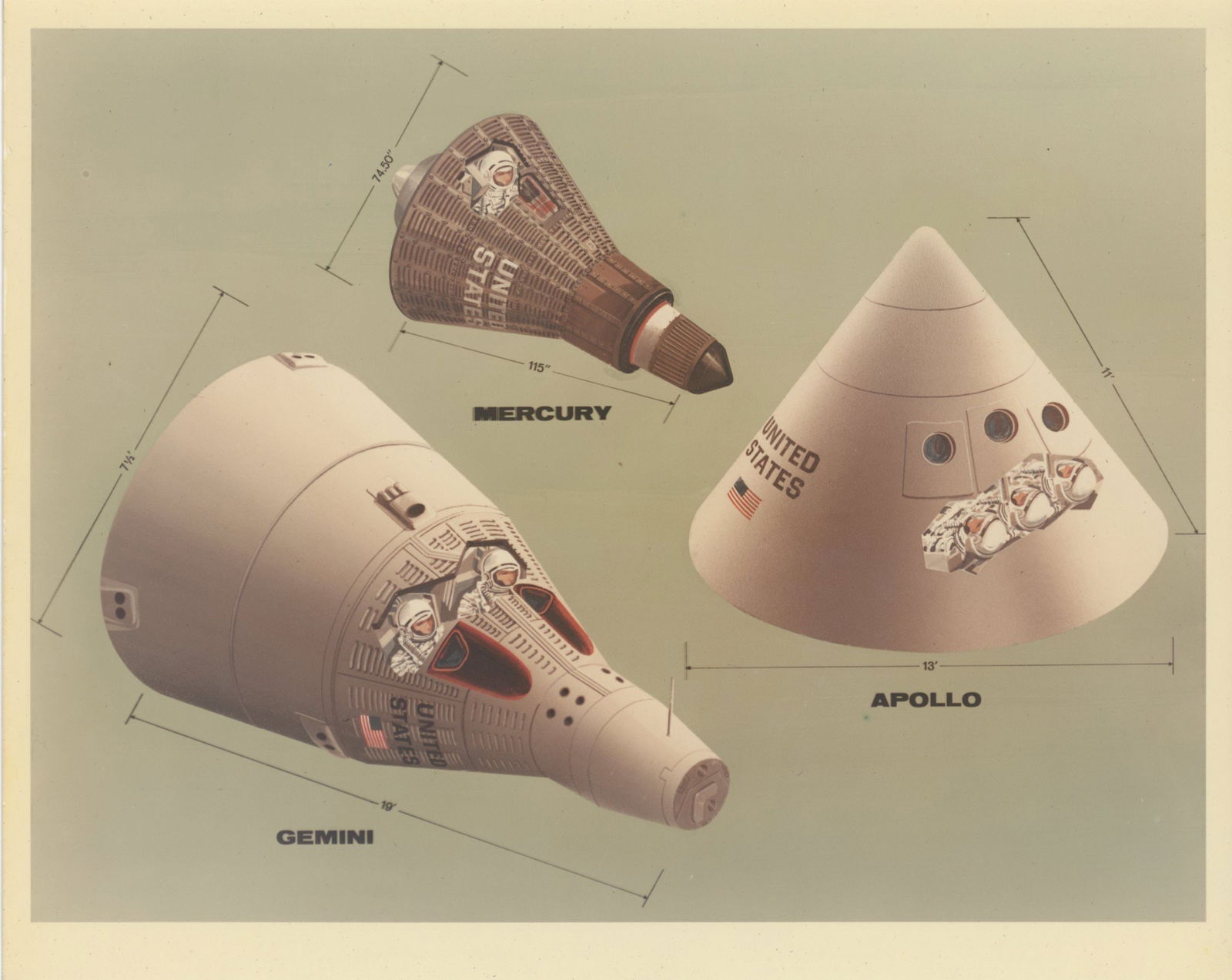 NASA – Mercury, Gemini & Apollo Spacecraft Comparison – Original 10 x 8 Color Photograph (1 of 2)