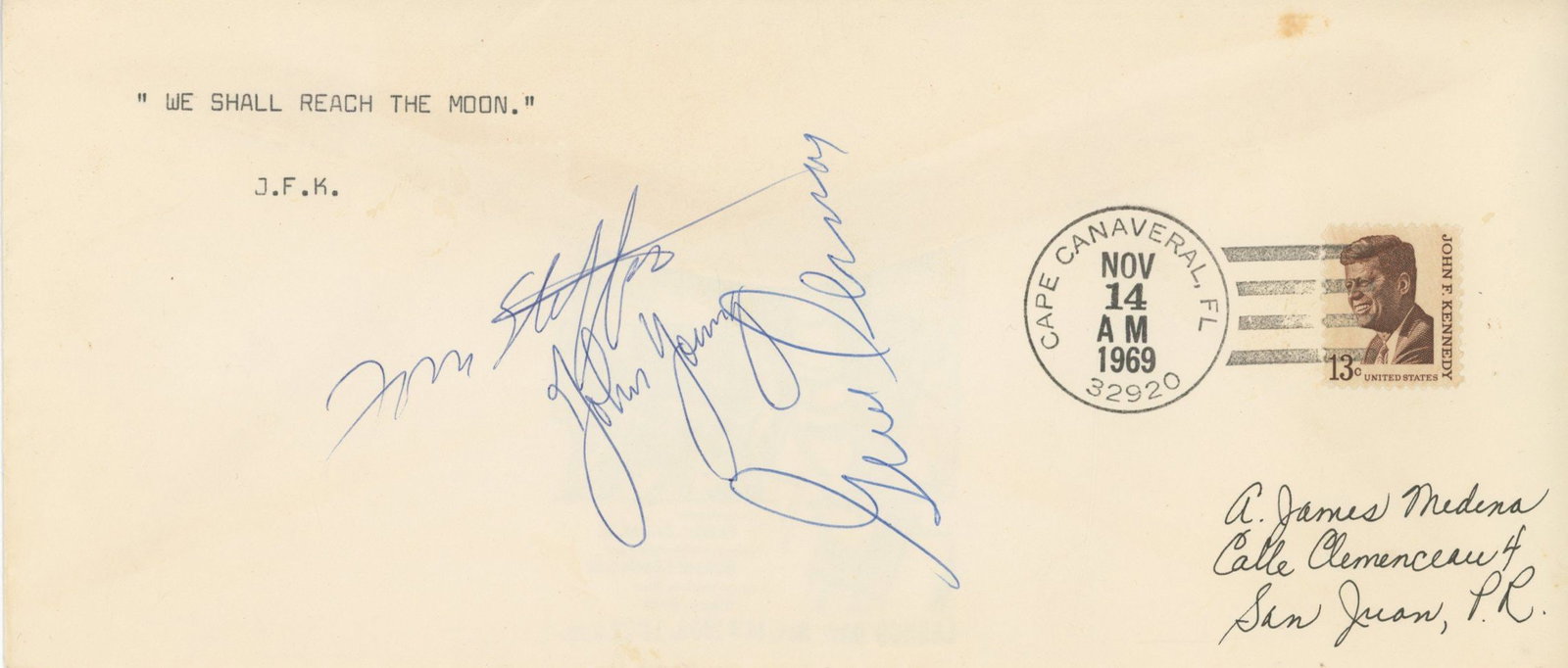 John Young, Thomas Stafford & Gene Cernan – Apollo 10 Crew – Autographed Commemorative C: Details: John Young, Thomas Stafford, and Gene Cernan autographed commemorative Apollo cover honoring the Apollo 10 mission, the critical “dress rehearsal” for the first lunar landing. The