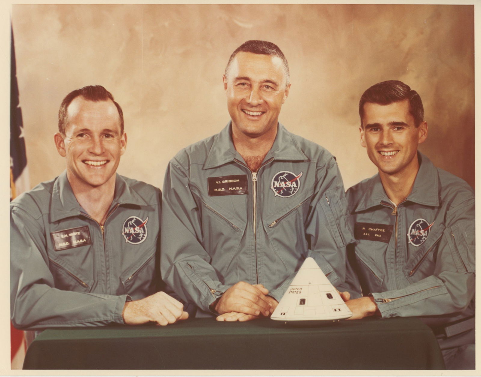 Apollo 1 - NASA Press Photograph from 1966 Picturing Gus Grissom, Edward White & Roger Chaffee (1 of 2)