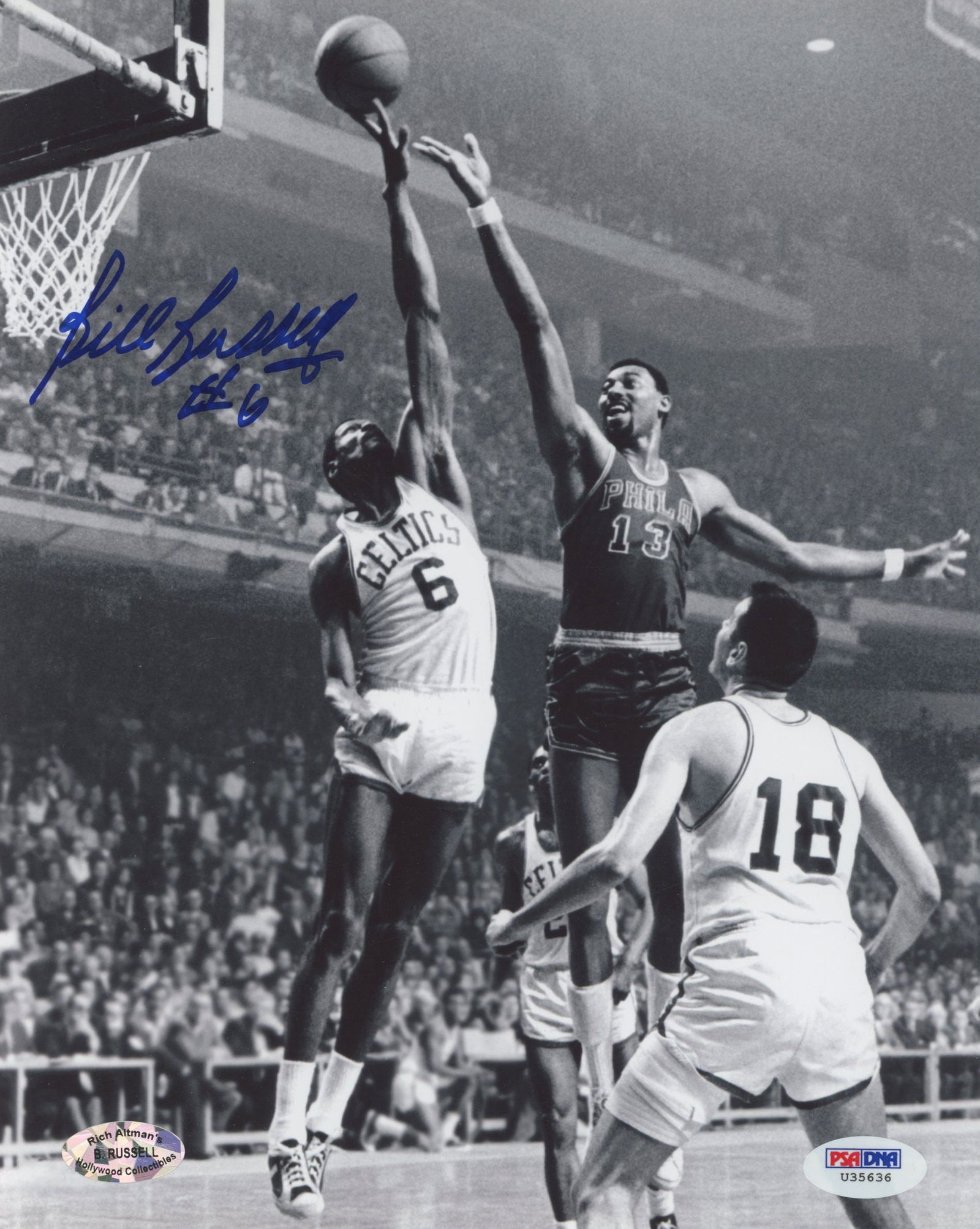 Bill Russell – Boston Celtics Legend – Autographed 8 x 10 Photo – Game Action Agai: Details: Bill Russell autographed 8 x 10” black-and-white photograph depicting an in-game moment with Russell elevating at the basket in his Boston Celtics uniform, #6, contested by Philadelphia