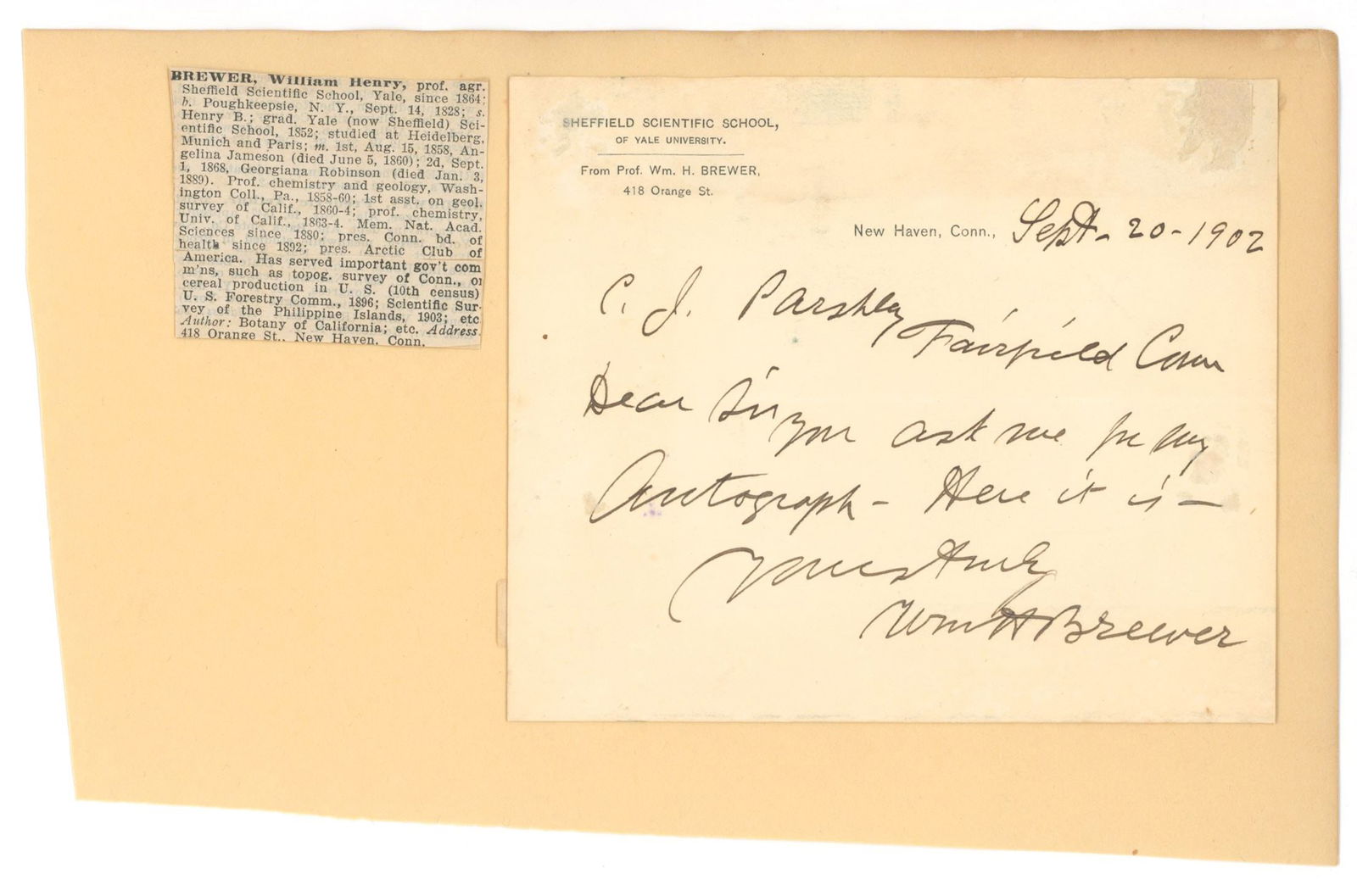 William Henry Brewer – American Botanist – Autographed Note (1902) (1 of 1)