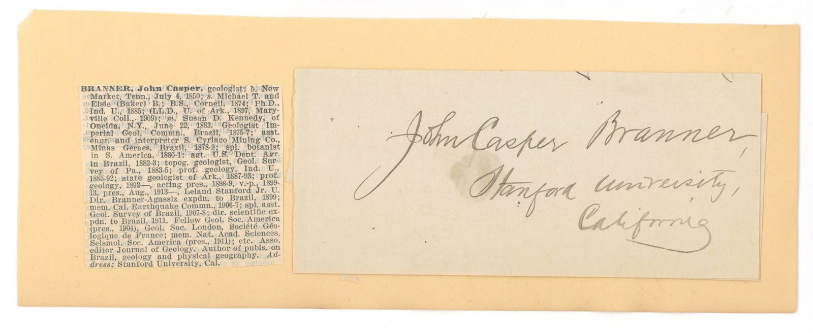 John Casper Branner – American Geologist – Autographed Note (1 of 1)
