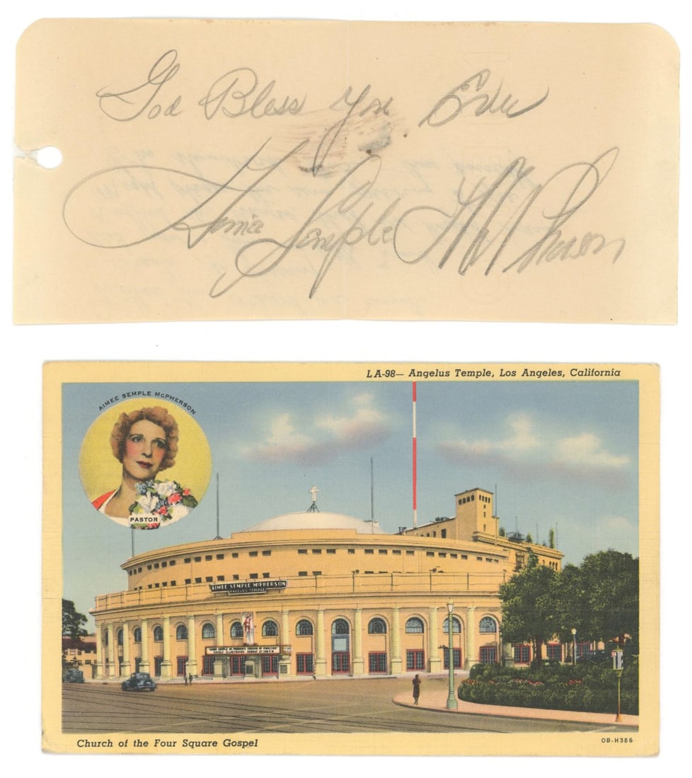 Aimee Semple McPherson – Foursquare Church Founder – Autographed Album Page with Angelus: Details: Aimee Semple McPherson autographed album page, signed in pencil, “God Bless You, Eva / Aimee Semple McPherson.” Also included is a vintage color postcard of Angelus Temple in Los