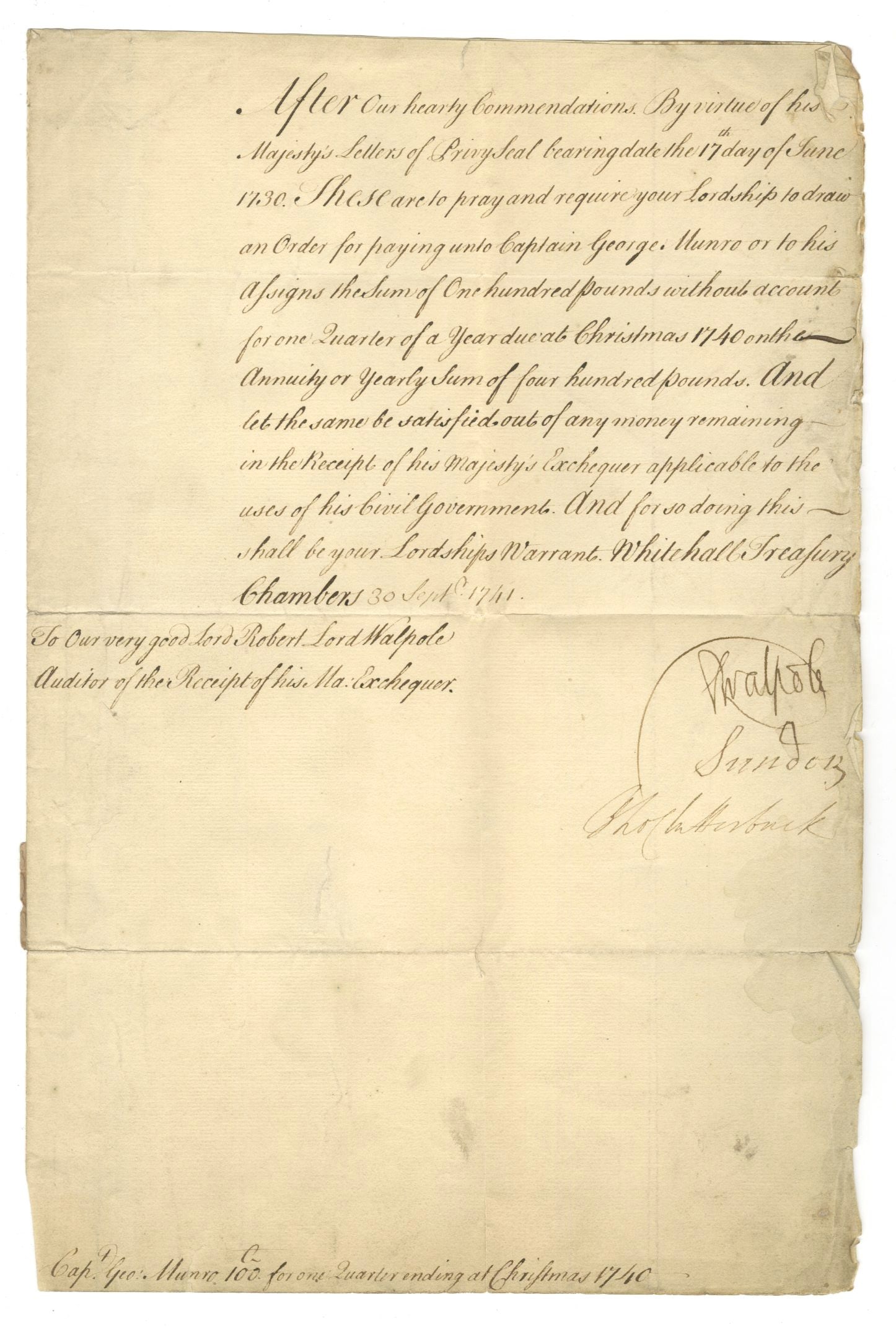 Robert Walpole – British Prime Minister – 1741 Signed Treasury Document (1 of 2)