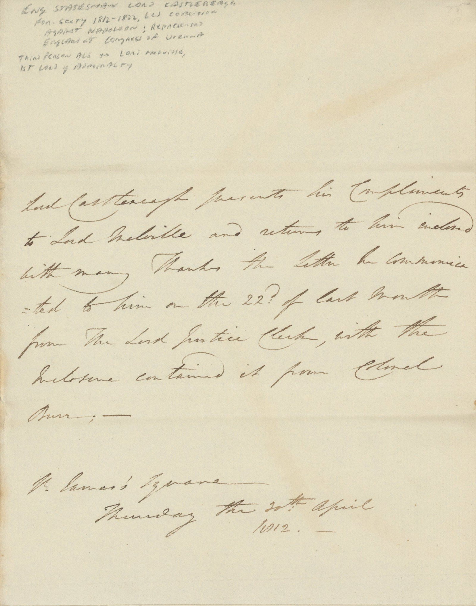 Robert Stewart, 2nd Marquess of Londonderry – British Foreign Secretary – Autographed Le (1 of 1)