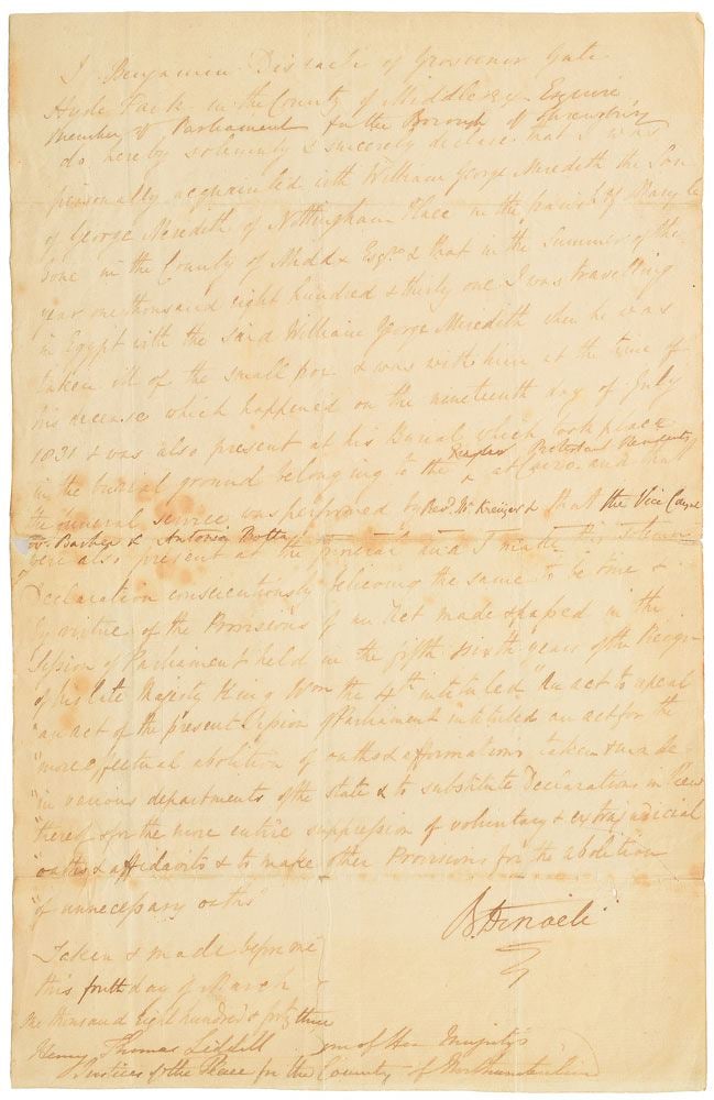 Benjamin Disraeli – British Prime Minister – Signed Death Declaration Manuscript (1 of 1)