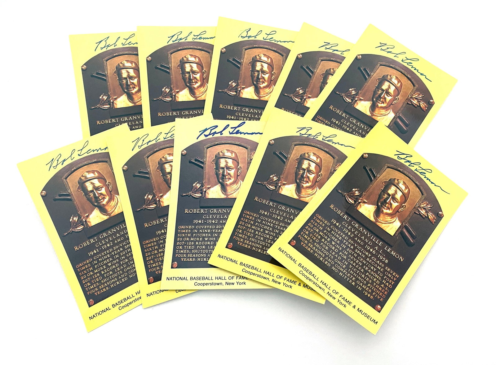 Bob Lemon - MLB Hall of Fame - Lot of 10 Autographed HOF Plaque Postcards: Details: Bob Lemon collection of ten autographed H.O.F. plaque postcards. Each measure 3.5 x 5.5" in size. Condition NM on average. Authentication: Includes a full letter of authenticity from JG Autog