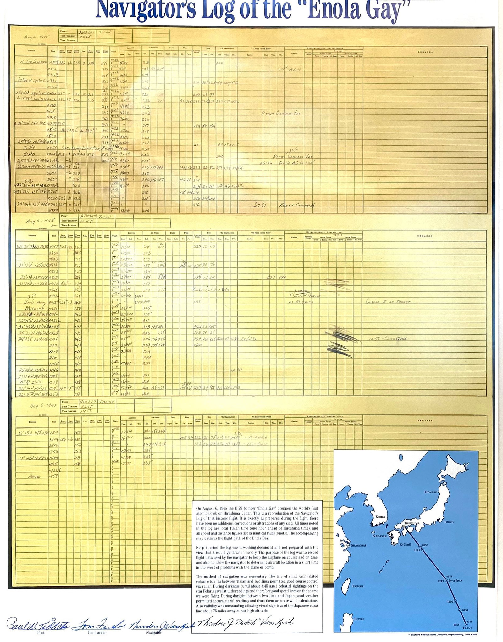 Enola Gay Navigator's Log Poster Autographed by Paul Tibbets, "Dutch" Van Kirk & Tom Ferebee (1 of 1)