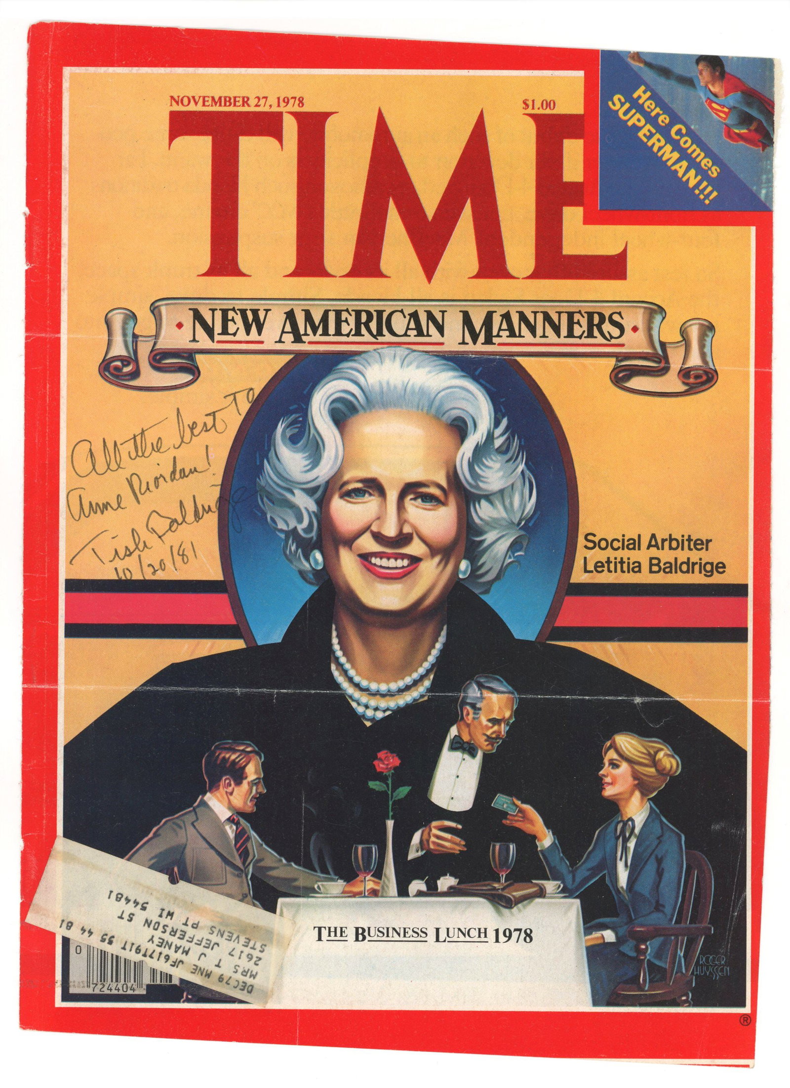 Letitia Baldridge – White House Social Secretary – Autographed TIME Magazine Cover, Nov. (1 of 1)