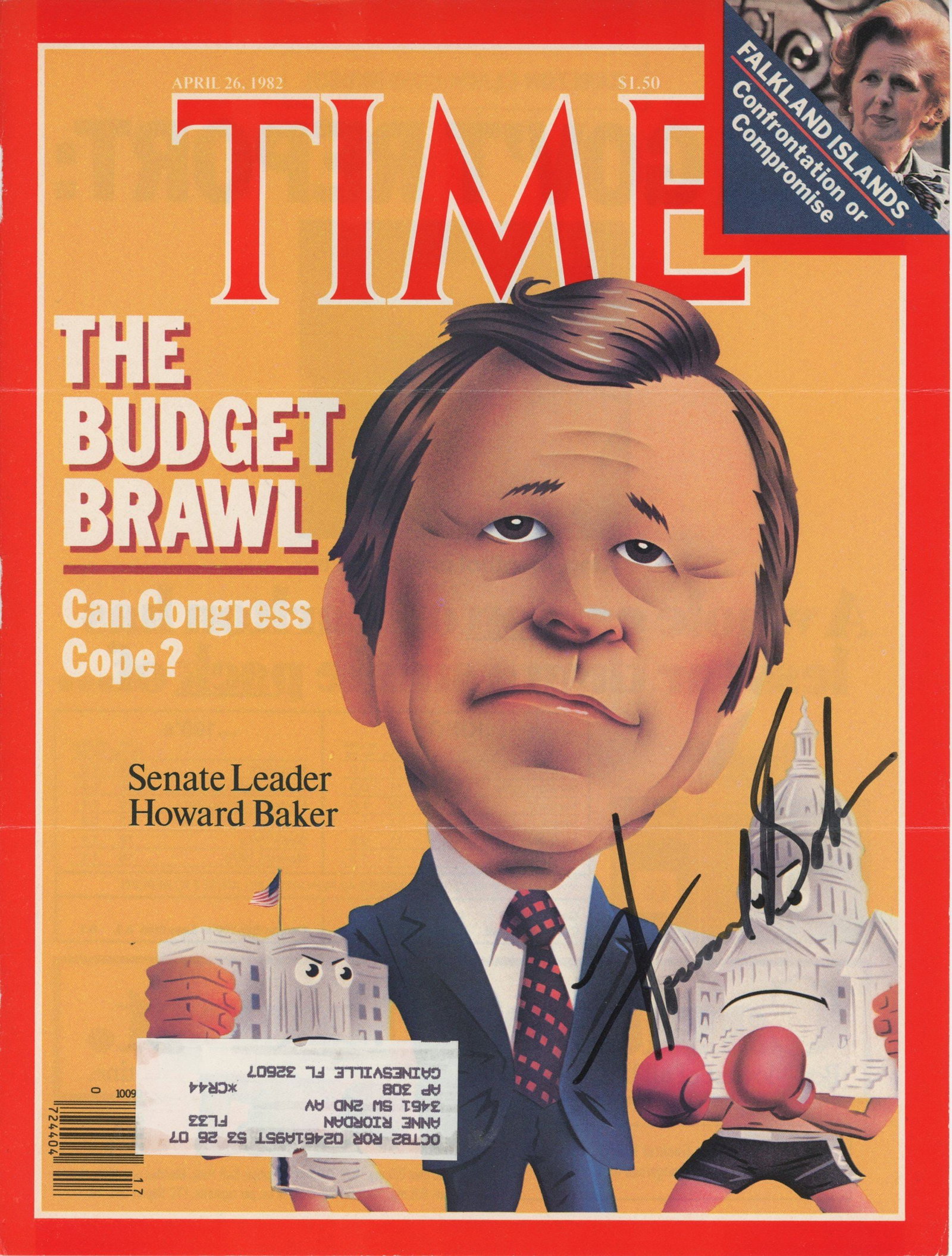 Howard Baker – Senate Leader – Autographed TIME Magazine Cover, April 26, 1982: Details: Howard Baker autographed TIME magazine cover dated April 26, 1982, featuring a caricature illustration accompanying the headline “The Budget Brawl” with his bold signature on the