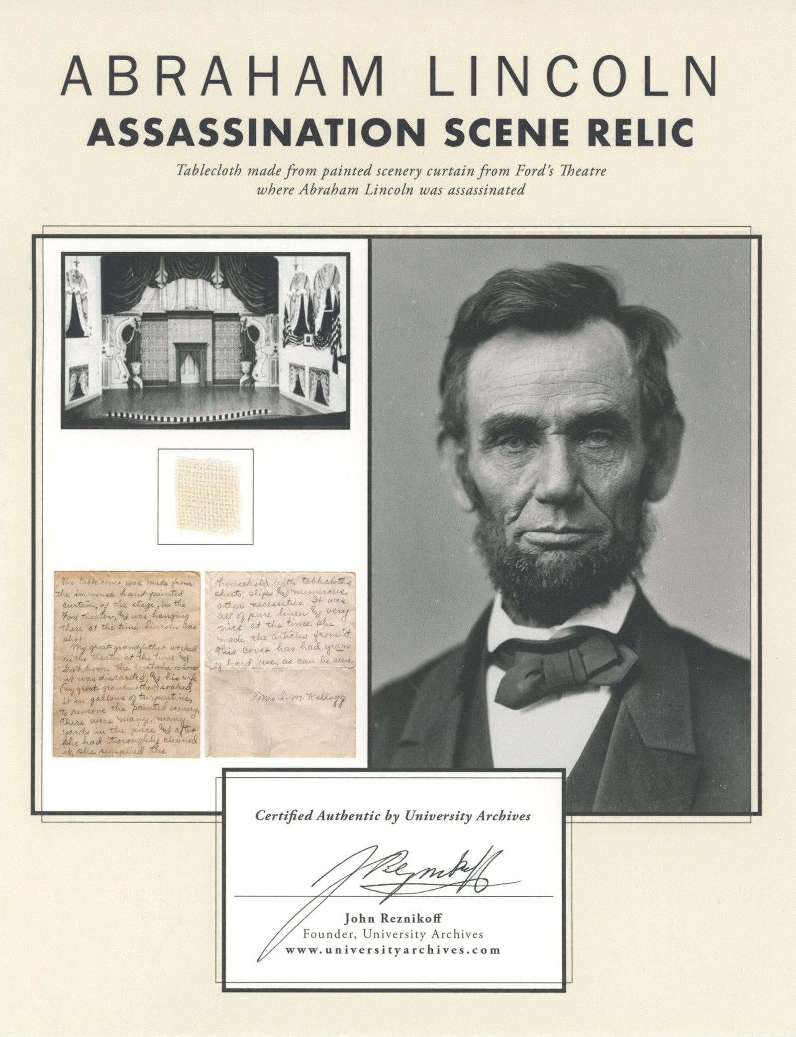 Abraham Lincoln - Ford's Theatre - Assassination Location Curtain Swatch Display: Details: Ford's Theatre, location of the Abraham Lincoln assassination, custom display featuring a swatch of linen which originates from a Ford's Theatre circa 19th century. The affixed fabric swatch