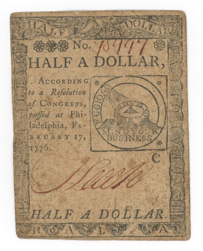 1776 Continental Currency – Half a Dollar Note – Printed by Hall & Sellers – Fugio (1 of 2)