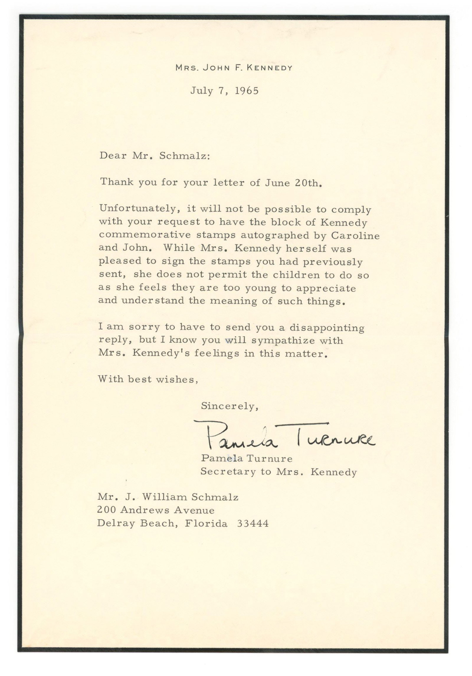 Pamela Turnure – Jackie Kennedy Press Secretary – Autographed 1965 White House Letter (1 of 1)