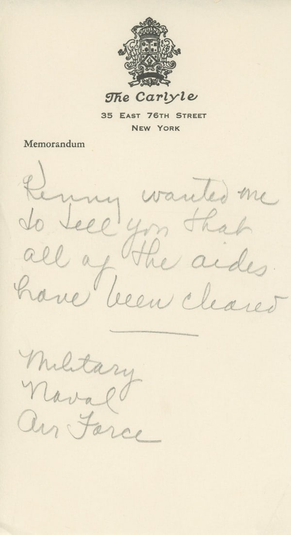 Evelyn Lincoln – White House Era Handwritten Memo Re. "Kenny O’Donnell Clears Aides" (1 of 1)