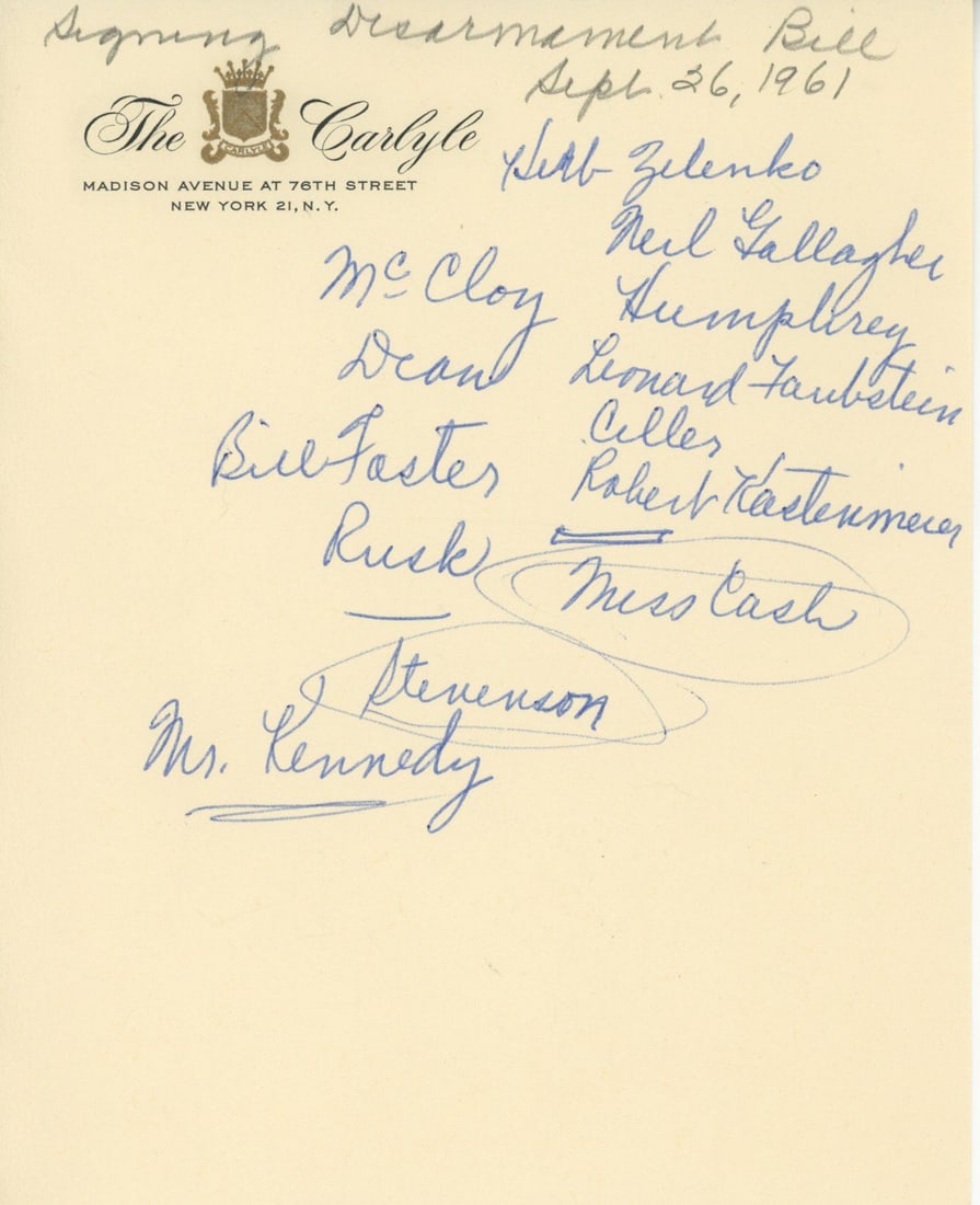 Evelyn Lincoln Handwritten Note Listing Attendees at JFK’s Disarmament Bill Signing, Sept. 26, (1 of 1)
