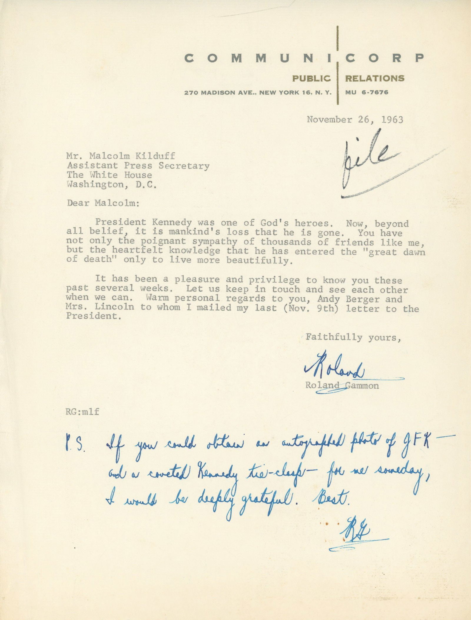 Malcolm Kilduff – Condolence Letter from Roland Gammon of Communicorp – Nov. 26, 1963 (1 of 1)