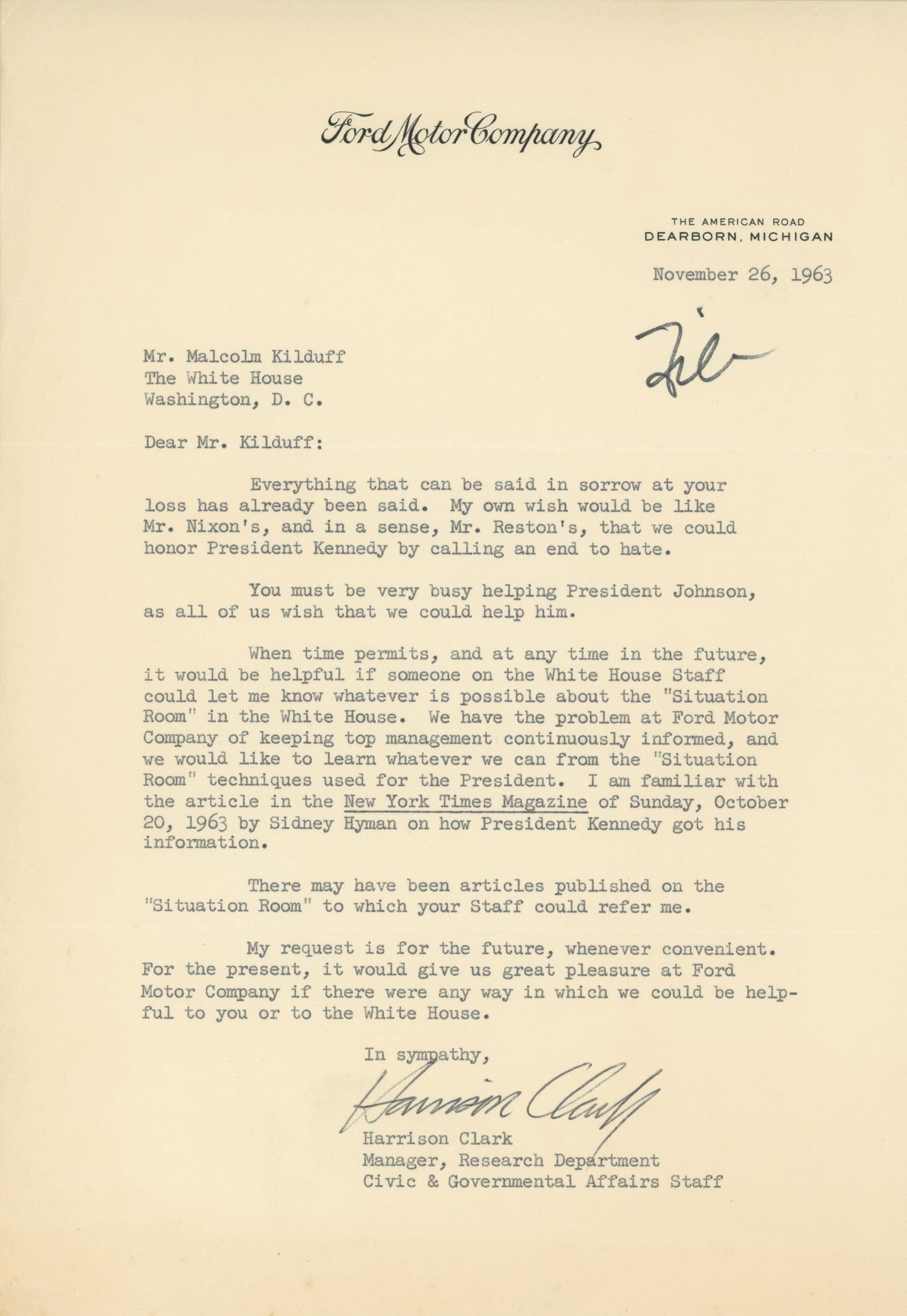 Malcolm Kilduff – Condolence Letter from Harrison Clark of Ford Motor Company – Nov. 26, (1 of 1)