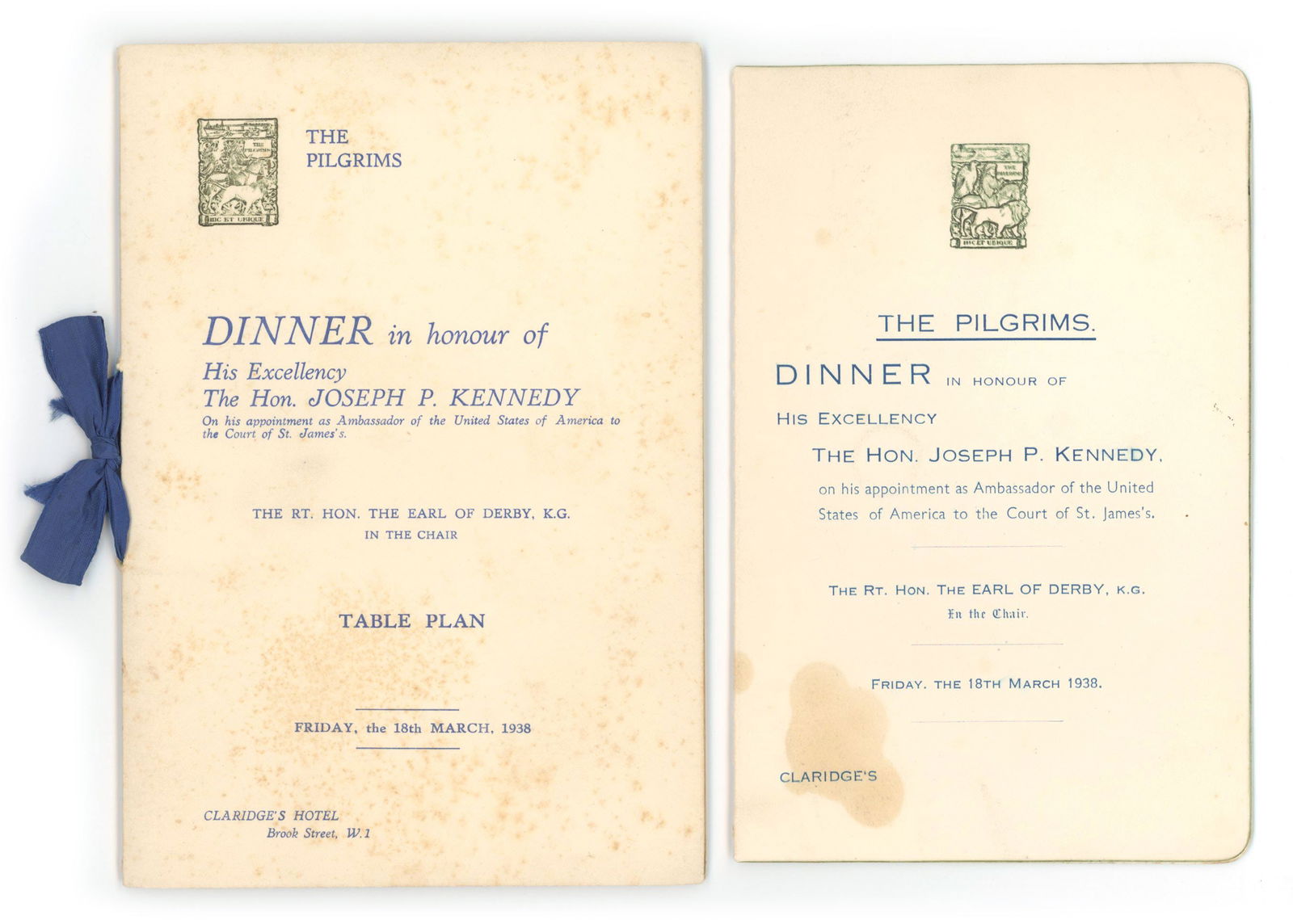 Joseph P. Kennedy Sr. – U.S. Ambassador to Great Britain – 1938 Pilgrims Banquet Program (1 of 3)