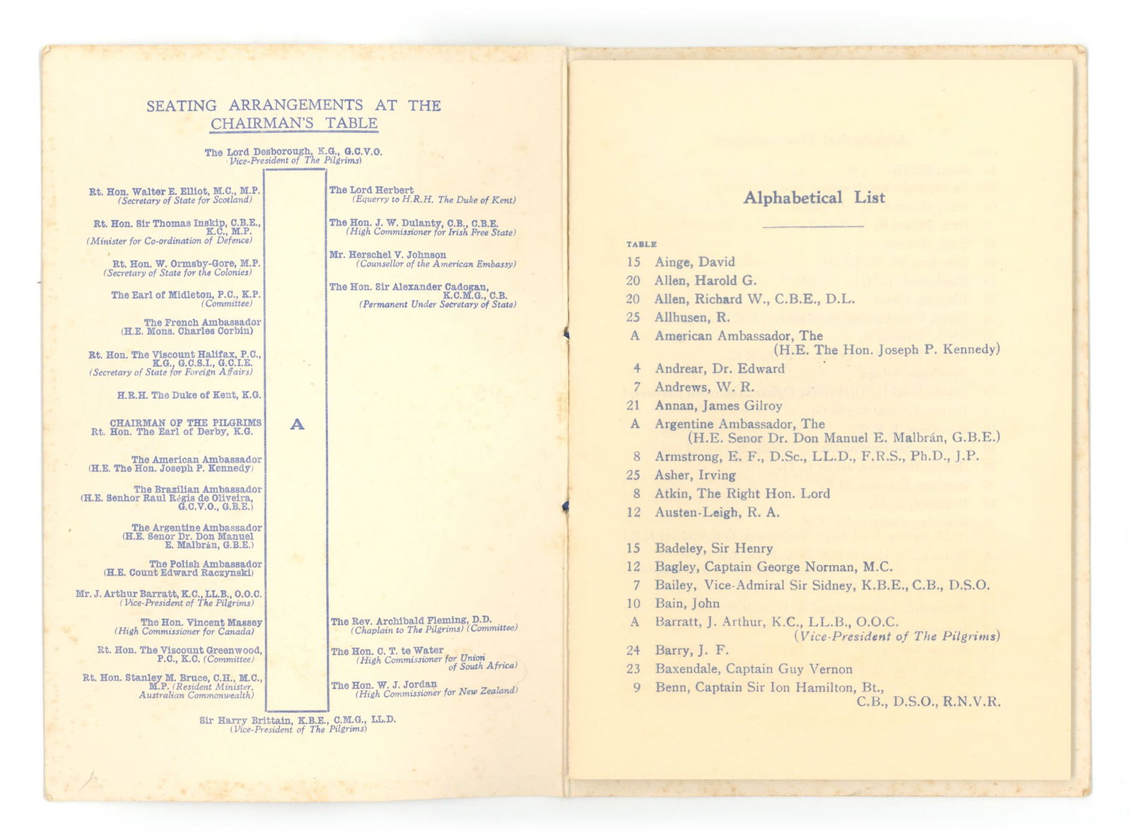 Joseph P. Kennedy Sr. – U.S. Ambassador to Great Britain – 1938 Pilgrims Banquet Program - 2