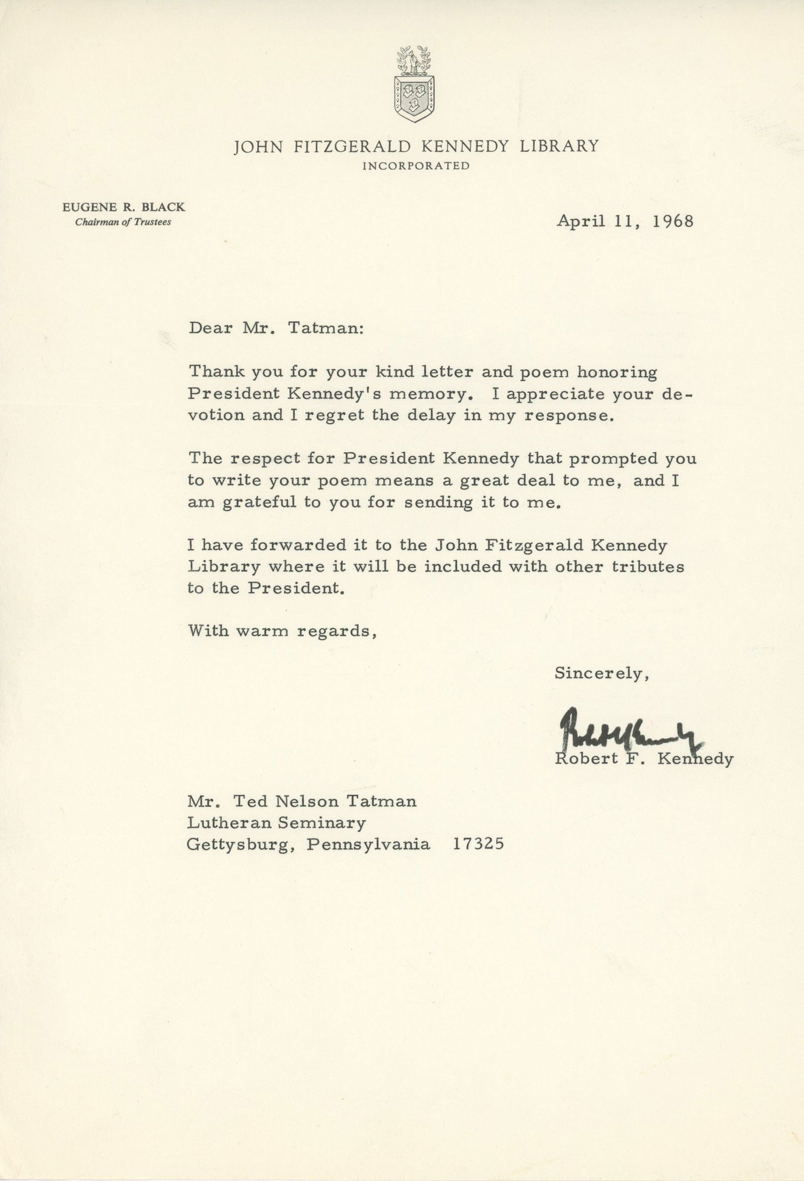 Robert F. Kennedy – U.S. Senator – Autographed Typed Letter – JFK Memorial Tribute (1 of 1)