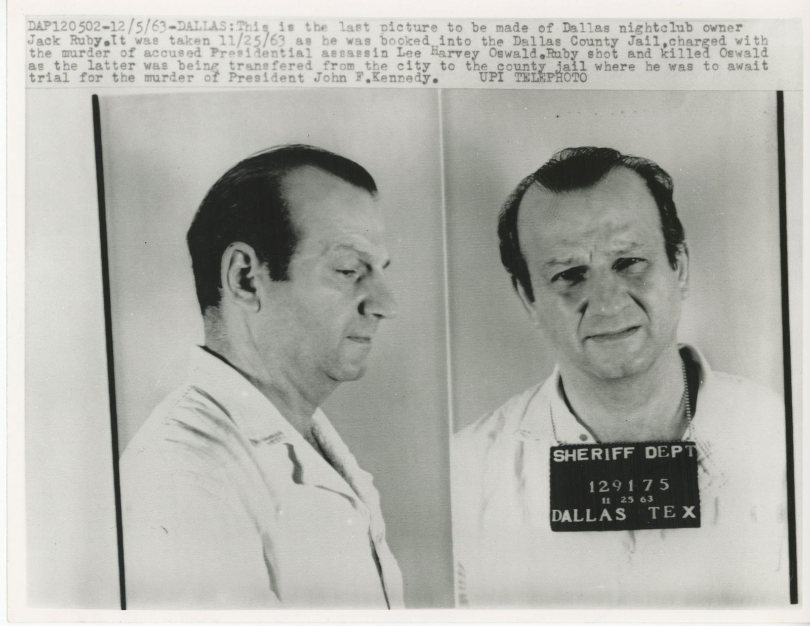 Jack Ruby – Original 1963 Dallas County Jail Booking Mugshot Press Photo – 8 x 10 (1 of 2)