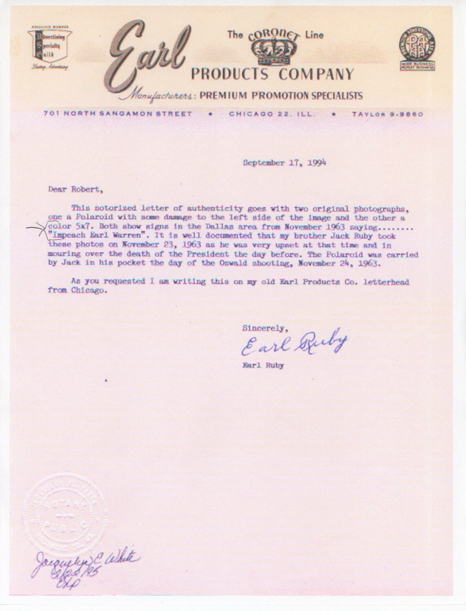 Jack Ruby “Impeach Earl Warren” Photo – Dallas 1963 – With Earl Ruby Notariz - 3