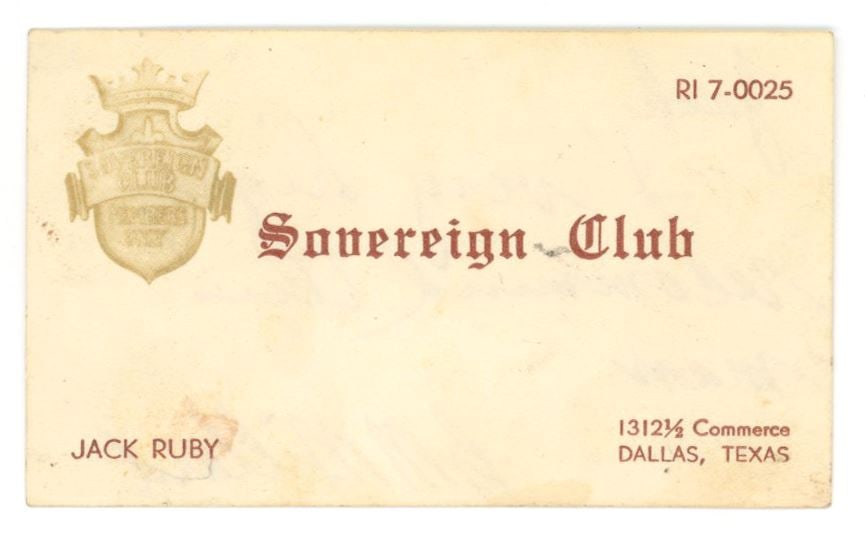 Jack Ruby – Personally Owned Sovereign Club Business Card with Handwritten Note to Jack on Ver - 2