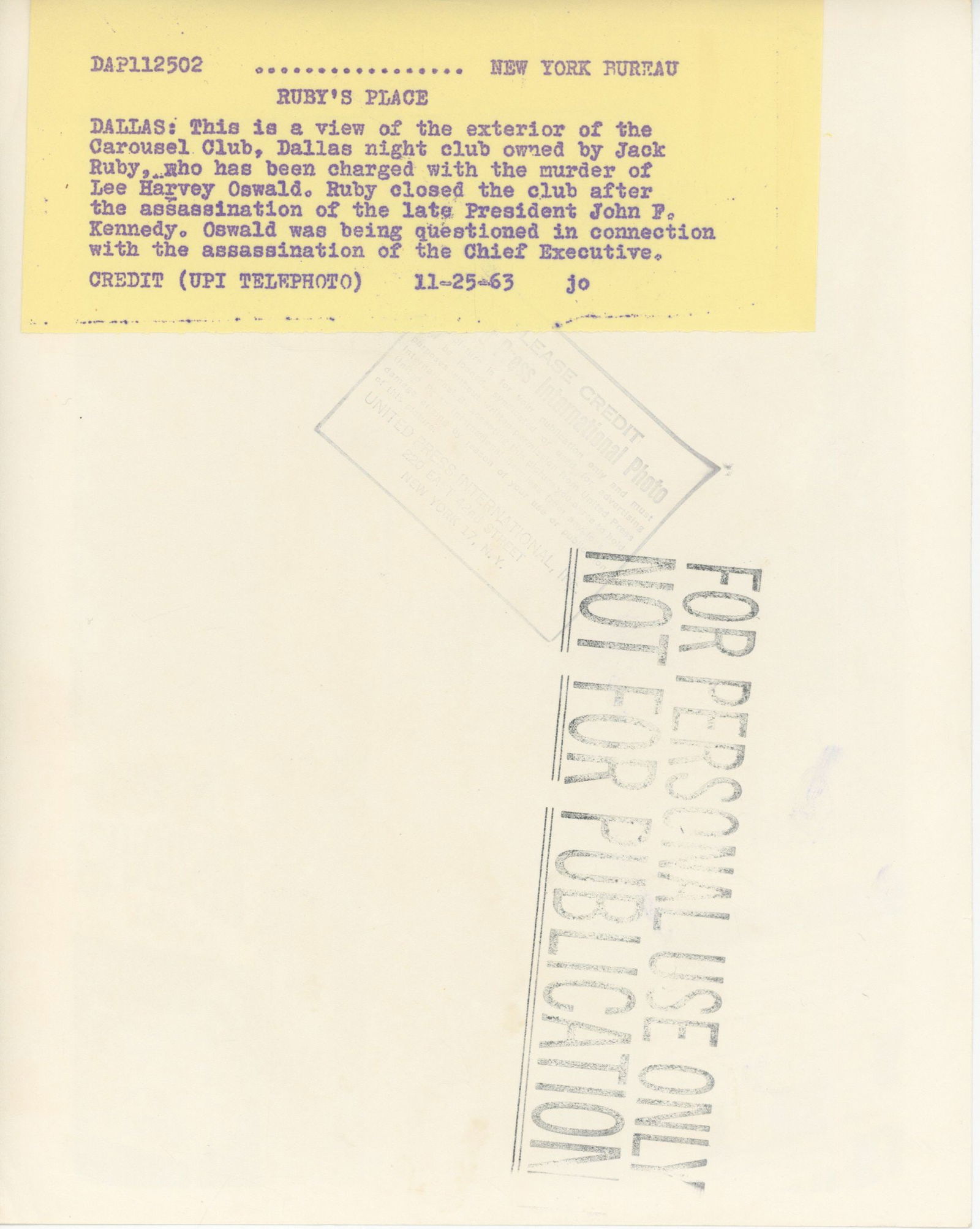 Jack Ruby’s Carousel Club – Original 1963 UPI Press Photo of Exterior After Oswald Shoot - 2