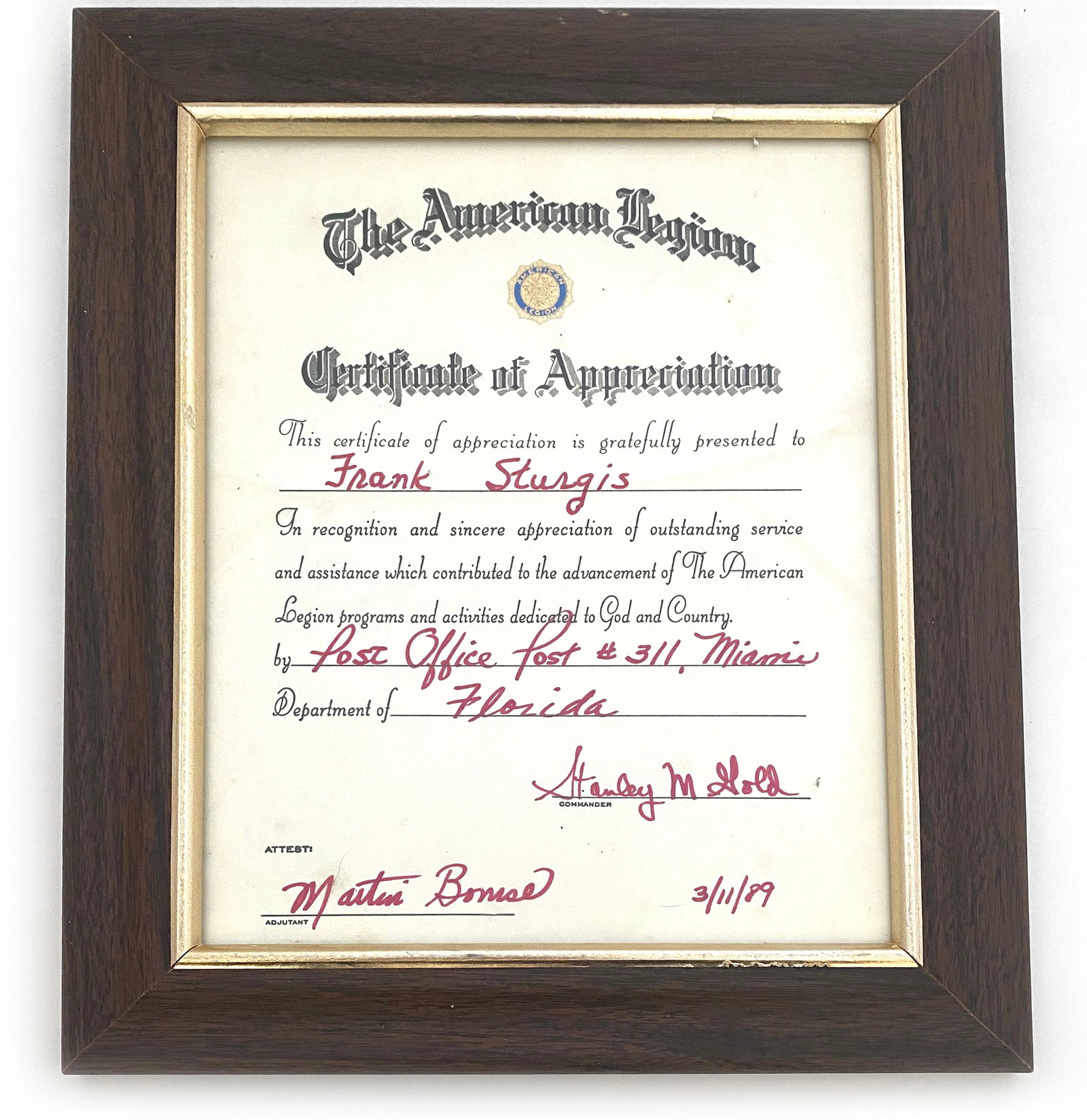 Frank Sturgis – Kennedy Era CIA Operative & Watergate Figure – Framed American Legion Ce (1 of 1)