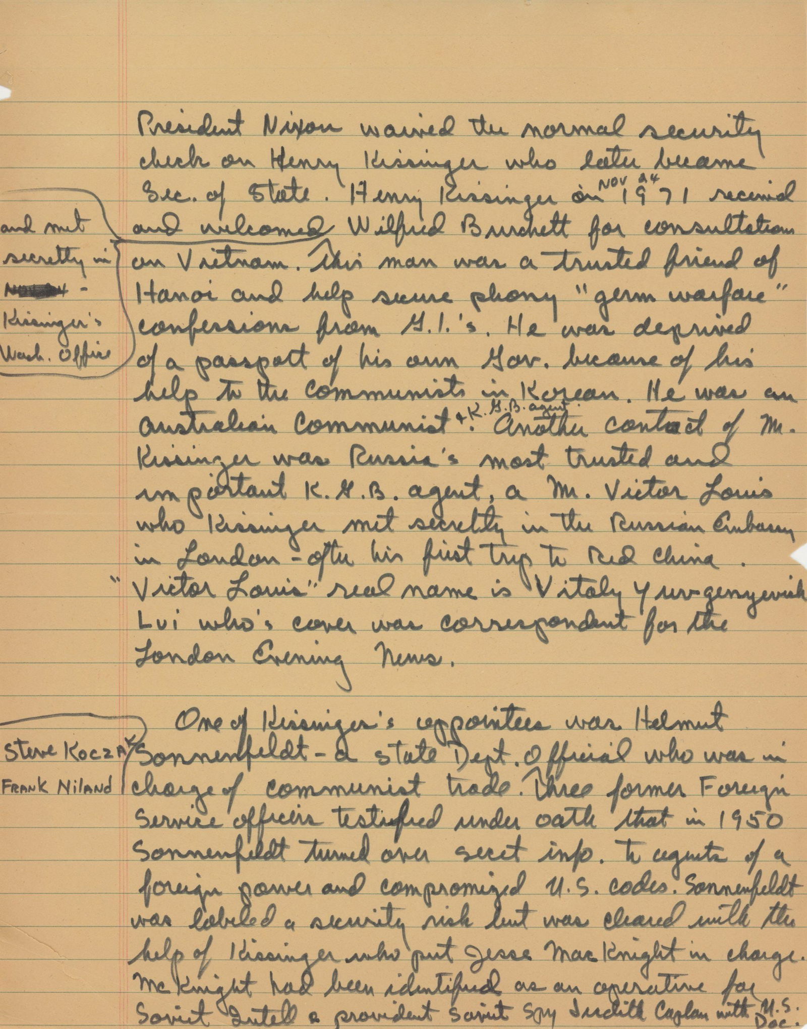 Frank Sturgis – Four-Page Handwritten Manuscript on Henry Kissinger, Oswald & Cold War Intelli - 2