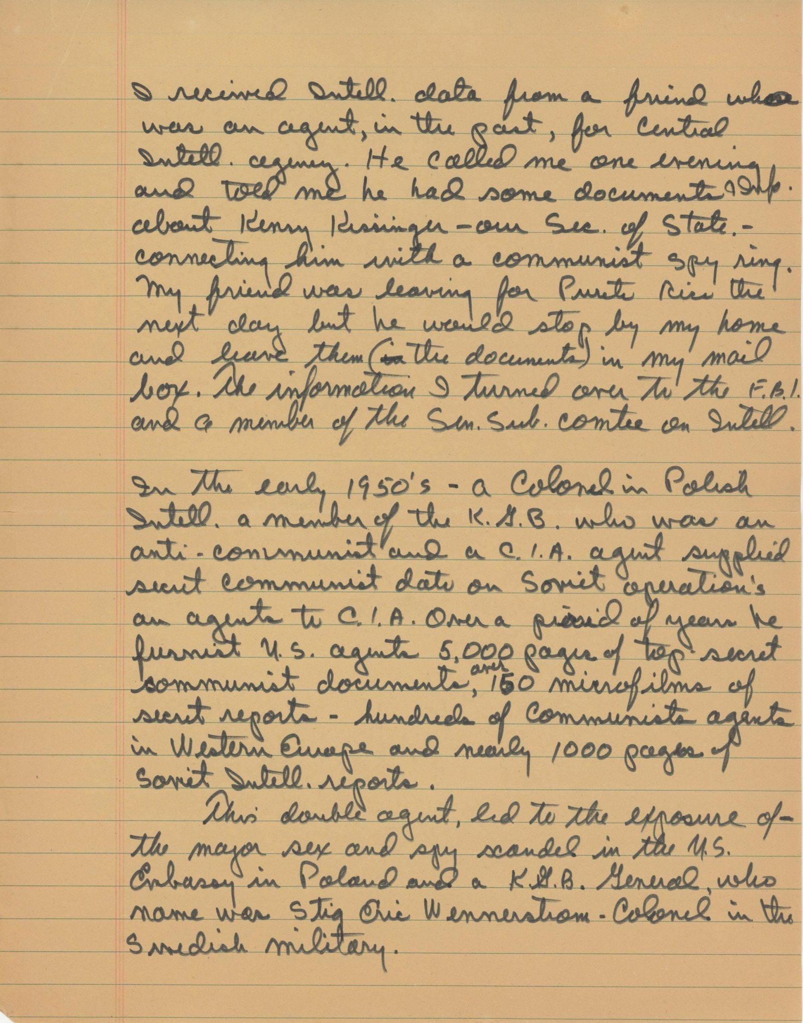 Frank Sturgis – Four-Page Handwritten Manuscript on Henry Kissinger, Oswald & Cold War Intelli - 3