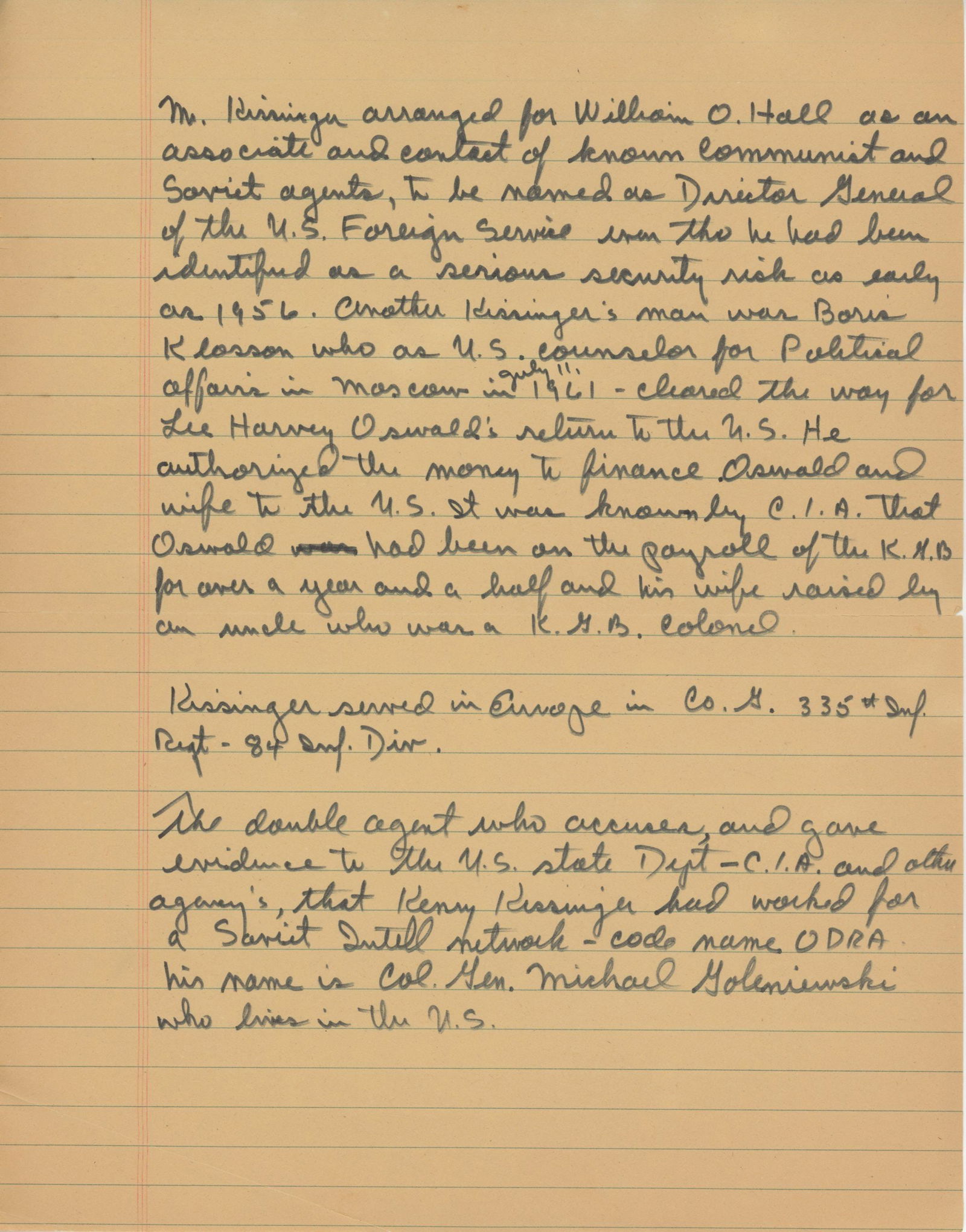 Frank Sturgis – Four-Page Handwritten Manuscript on Henry Kissinger, Oswald & Cold War Intelli - 5