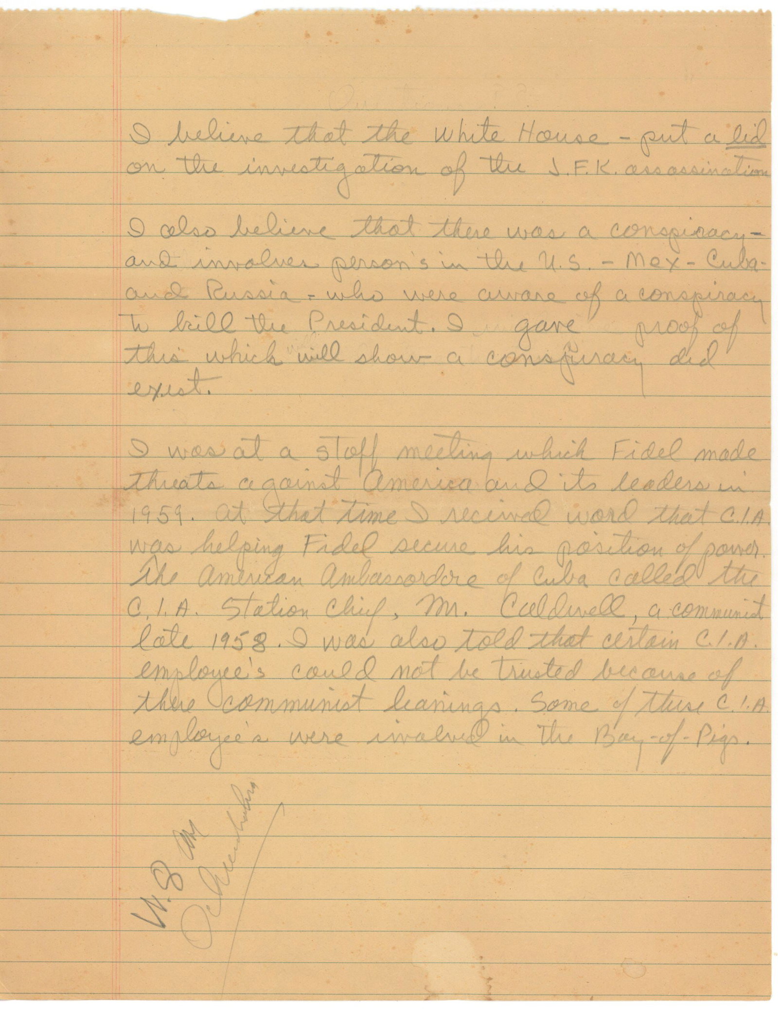 Frank Sturgis – Handwritten Manuscript on JFK Assassination, Cuba & CIA Activity – Bay o (1 of 1)