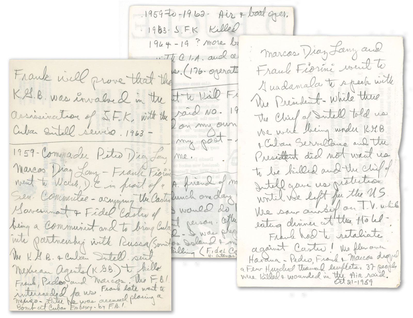 Frank Sturgis – 3-Page Manuscript – Anti-Castro Operations & CIA References – Sign (1 of 5)